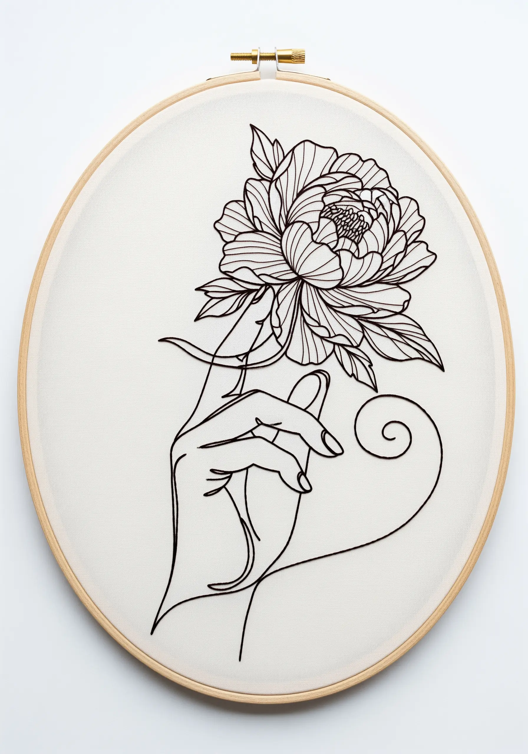 Detailed black line art embroidery of a hand holding a complex peony flower.