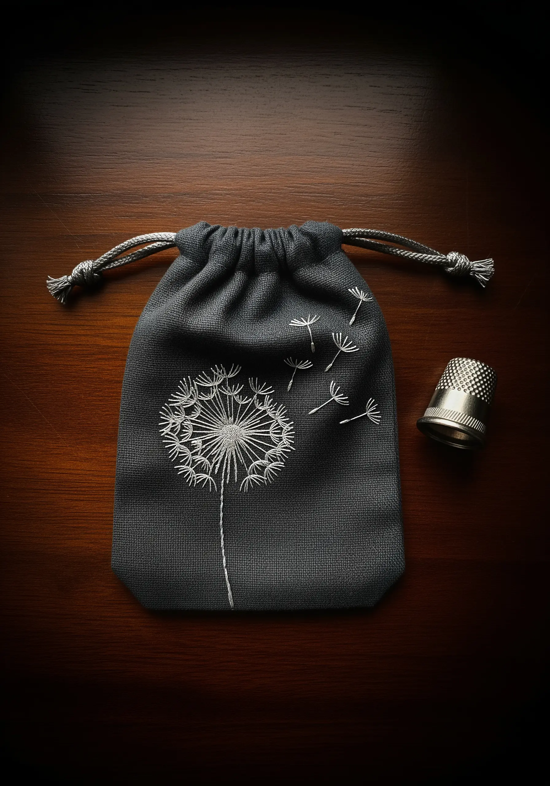 A white dandelion with seeds blowing in the wind, embroidered on a dark gray drawstring pouch.