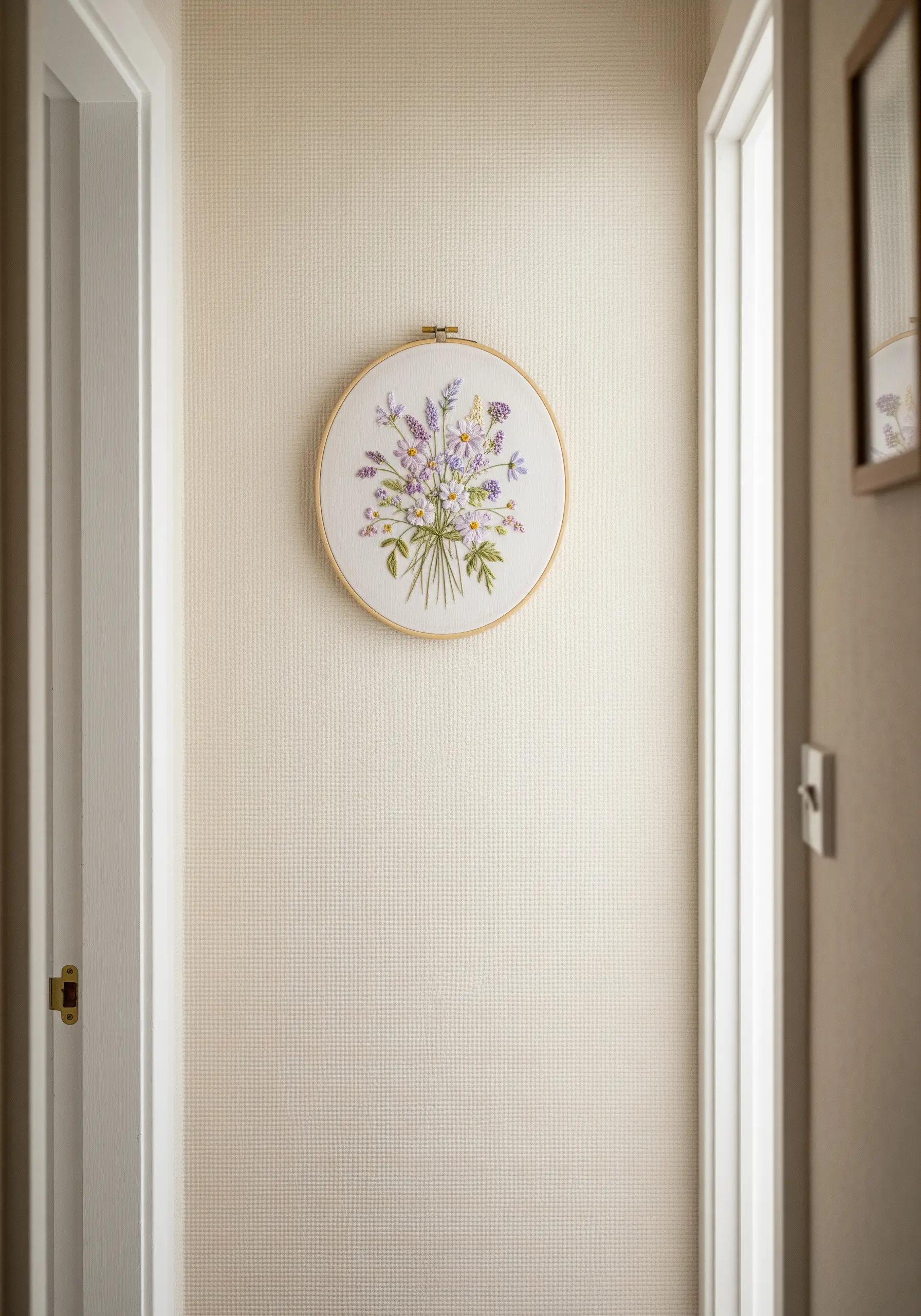 A single embroidery hoop with a delicate bouquet of lavender and wildflowers on a light wall.
