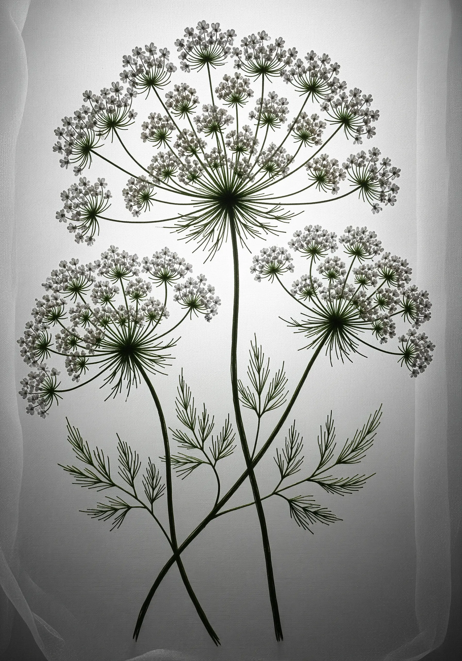 Delicate embroidery of Queen Anne's lace on a sheer, backlit fabric.