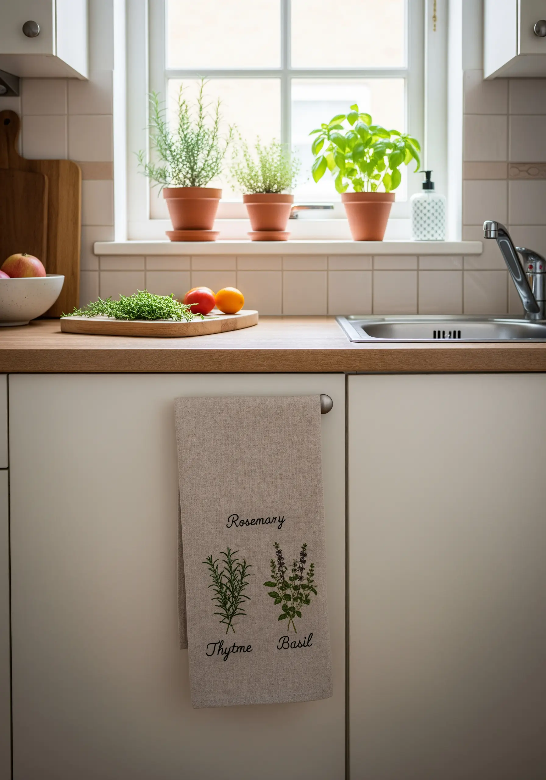 Embroidered rosemary, thyme, and basil motifs with labels on a beige kitchen towel.