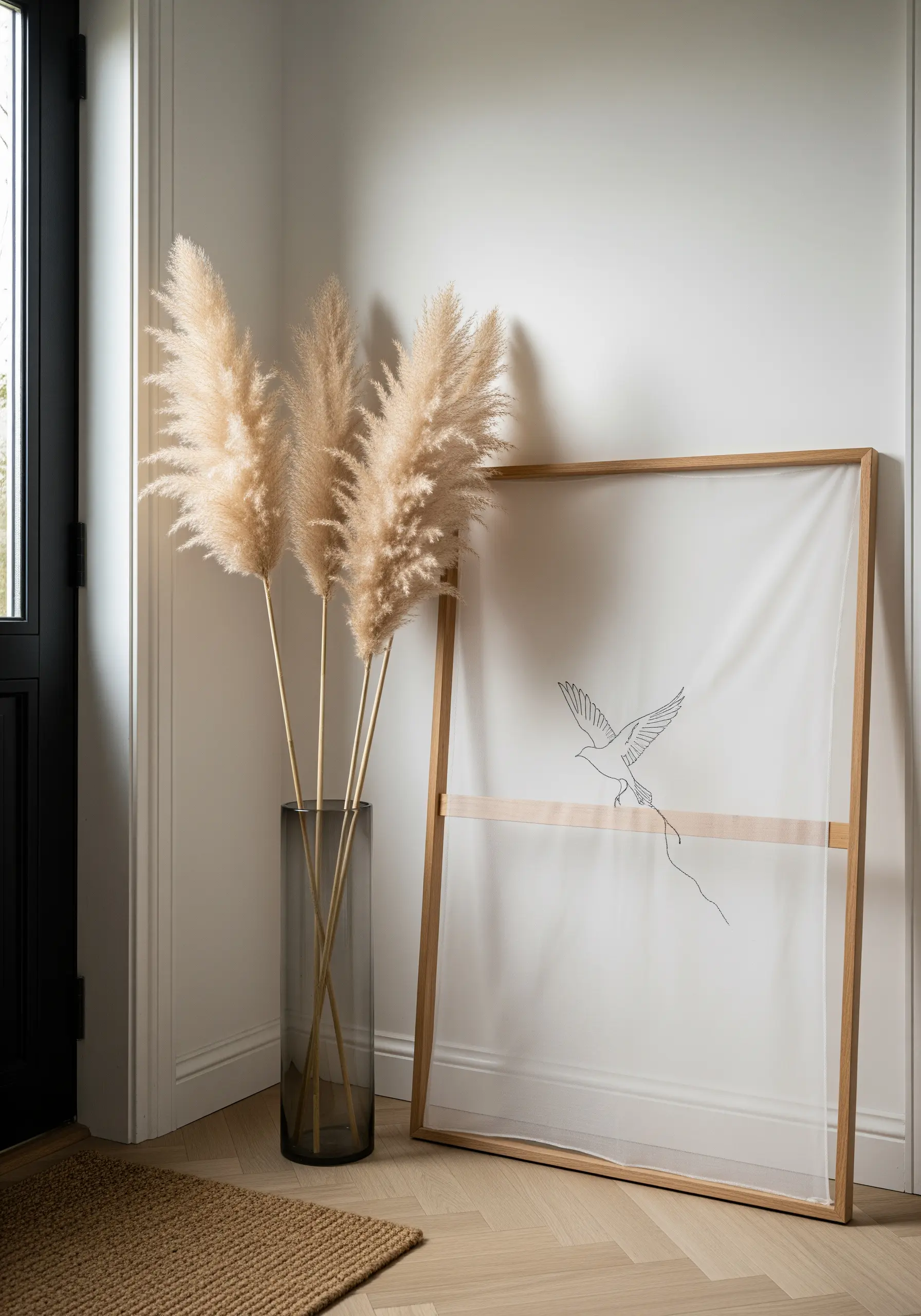 A line-art bird embroidered on sheer fabric, with a long trailing thread.