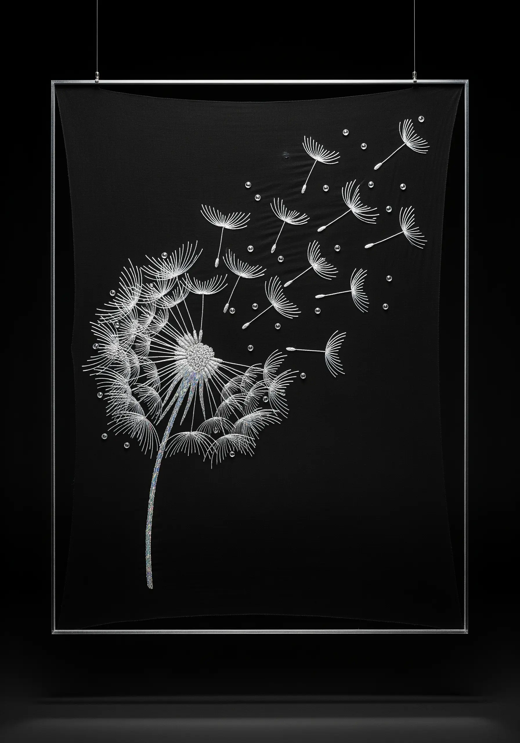 A dandelion embroidered in silver metallic thread with seeds blowing away, accented with beads.