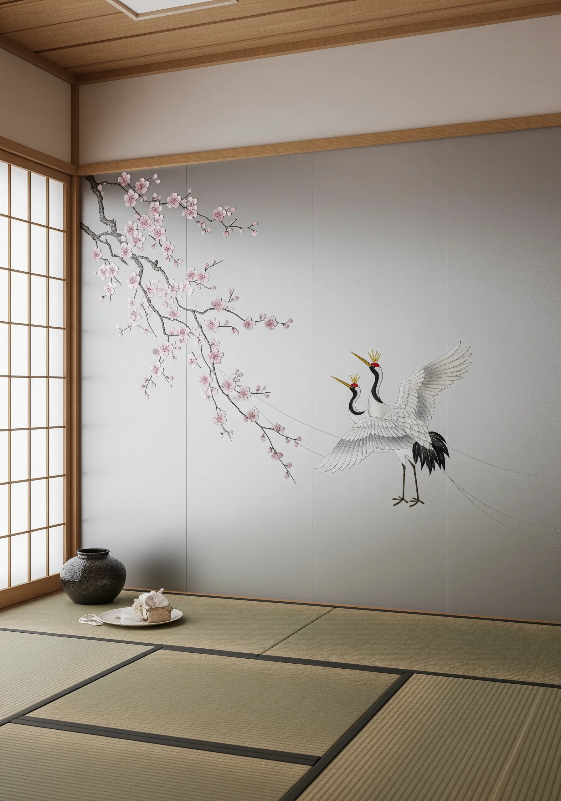 A serene embroidered wall panel depicting cherry blossoms and two cranes in a Japanese style.