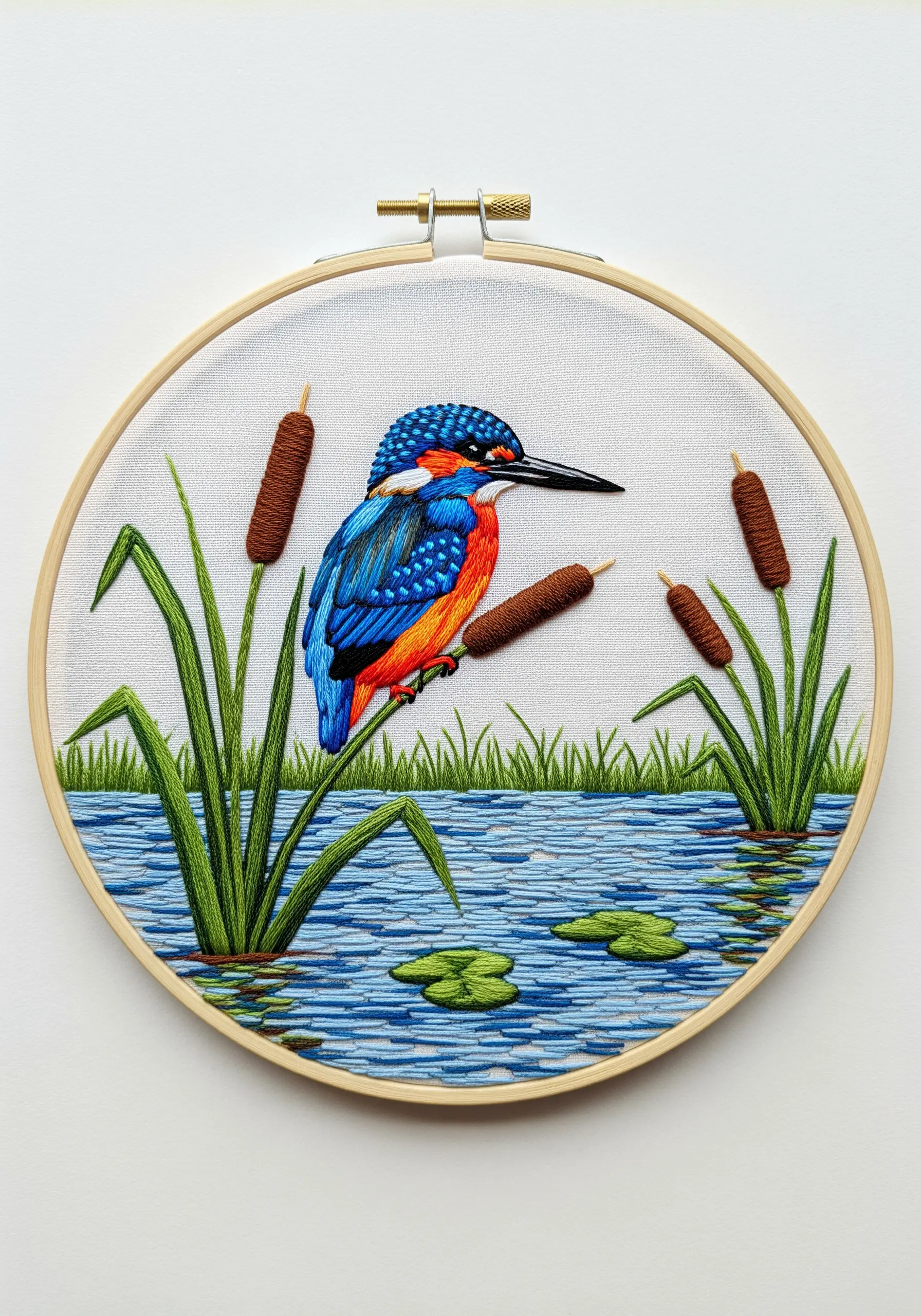 A vibrantly colored kingfisher bird, embroidered with detailed color sections, sits among reeds.