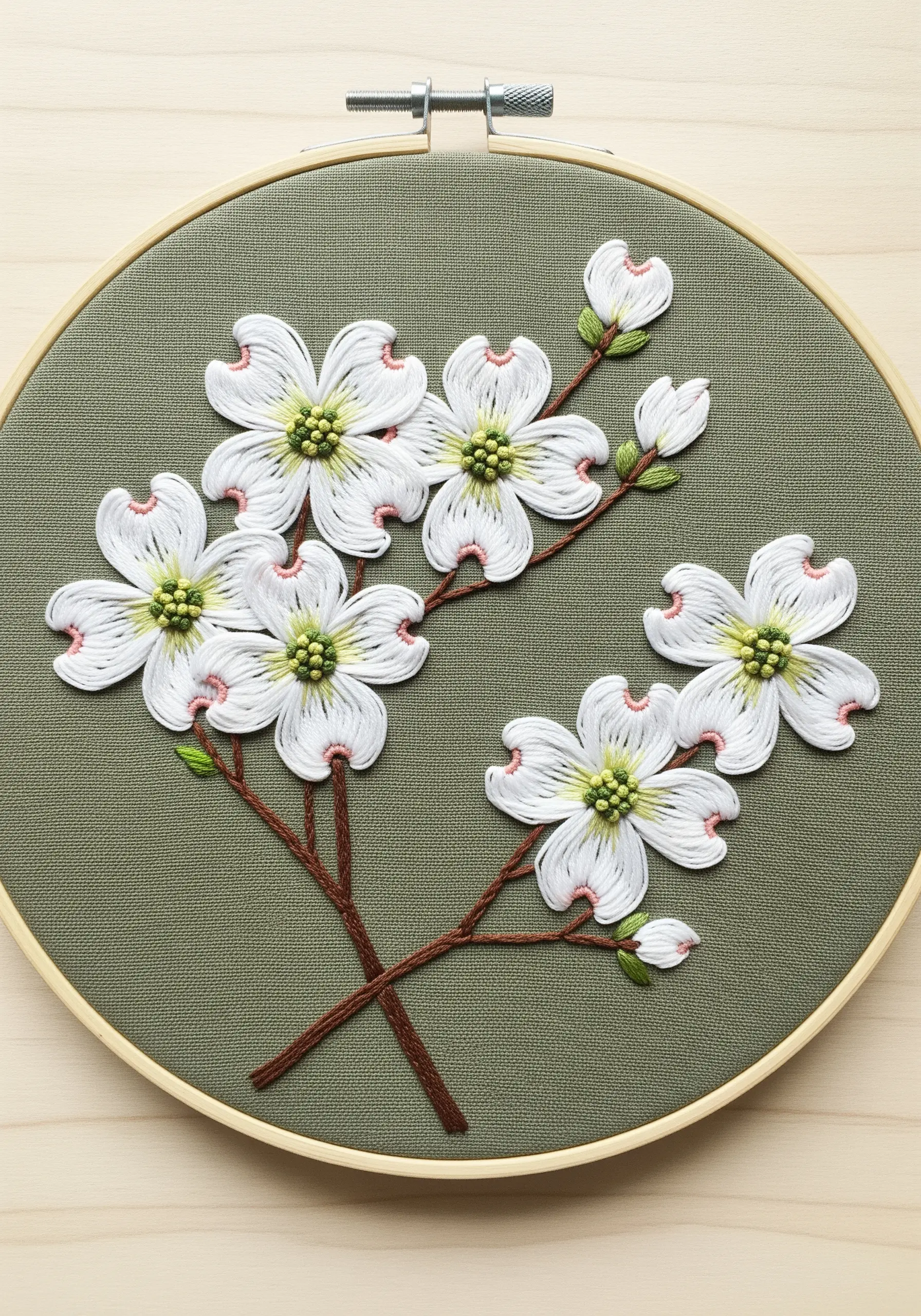 Embroidered white dogwood blossoms with green centers and pink tips on green fabric.