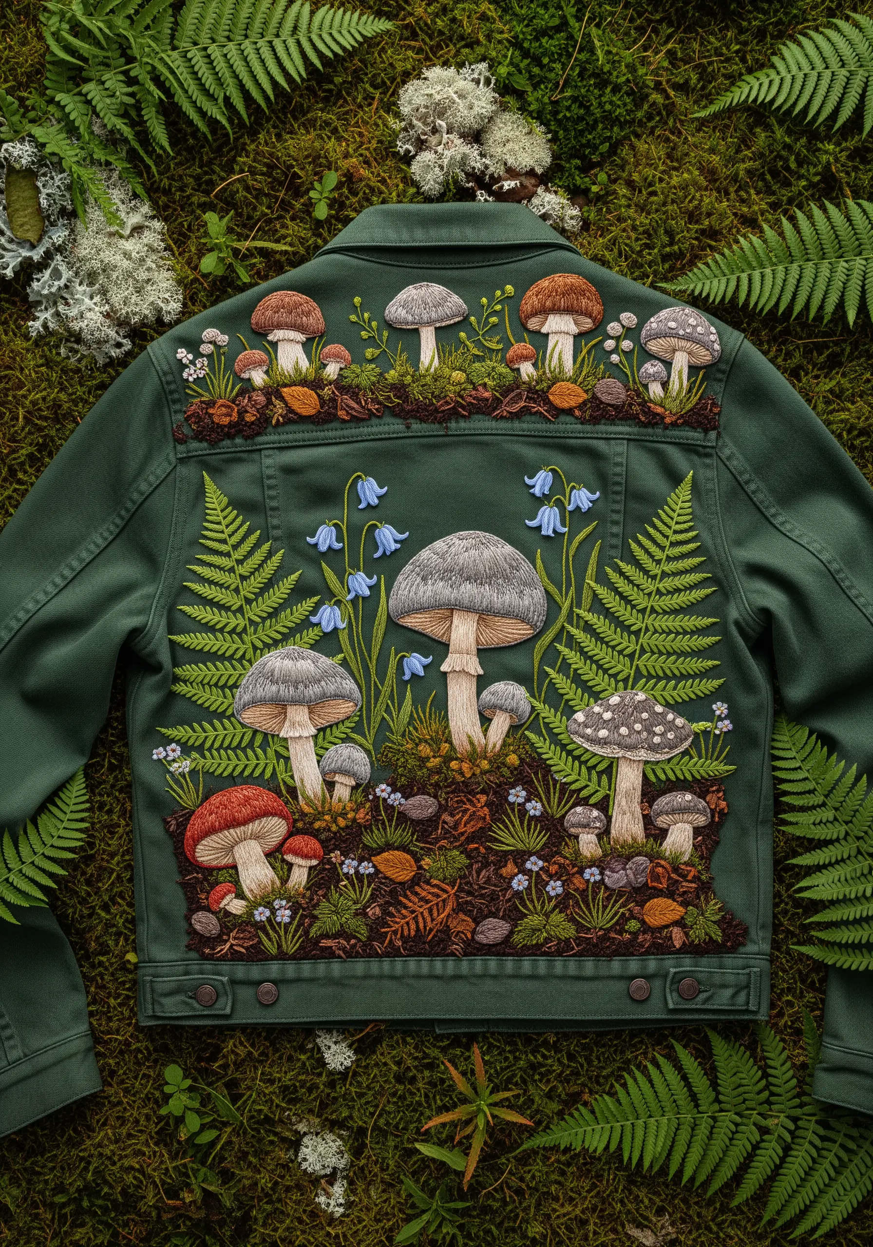 Detailed embroidery of mushrooms, ferns, and forest floor details on a green jacket.