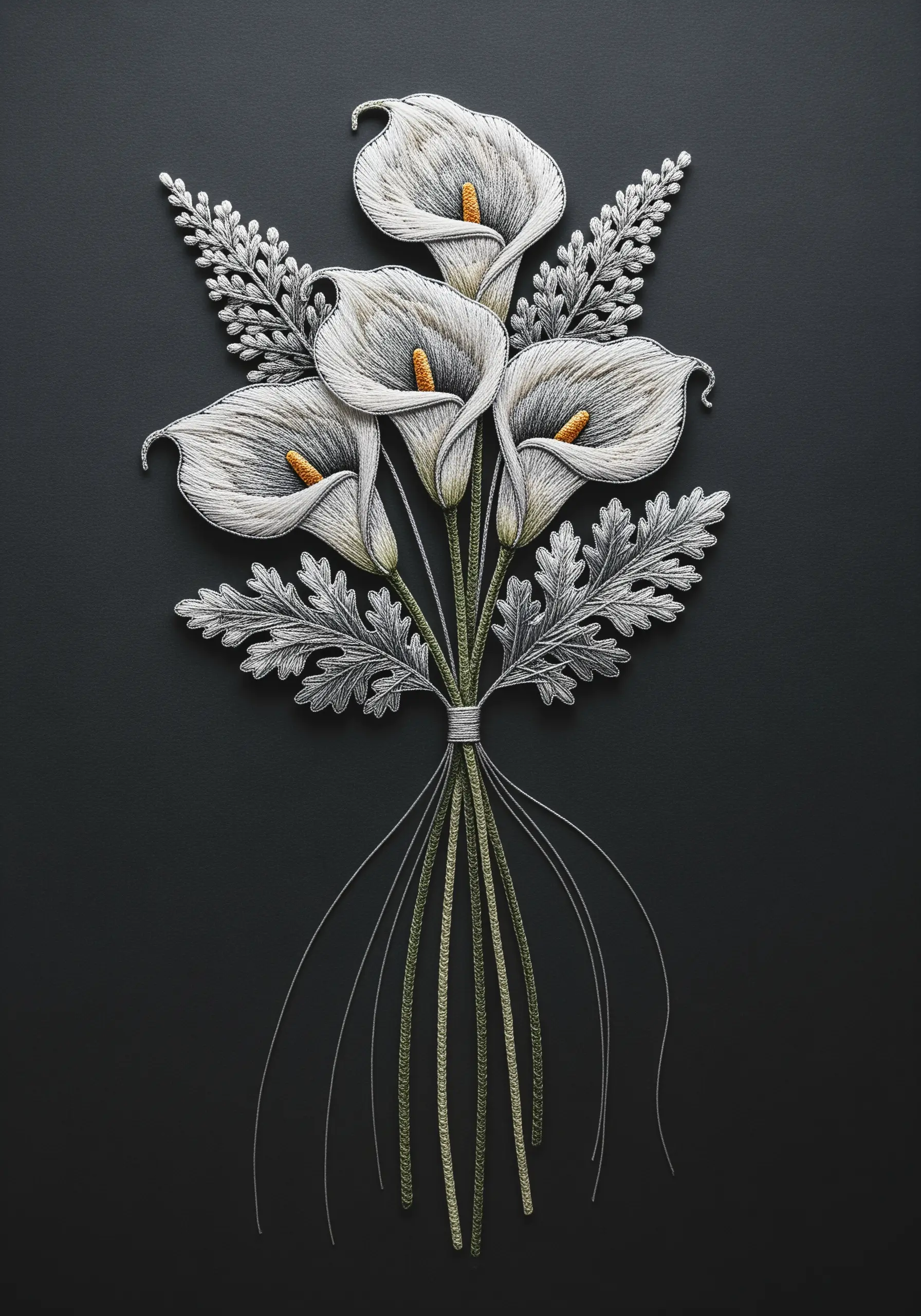 An elegant embroidered bouquet of white calla lilies against a dark gray background.