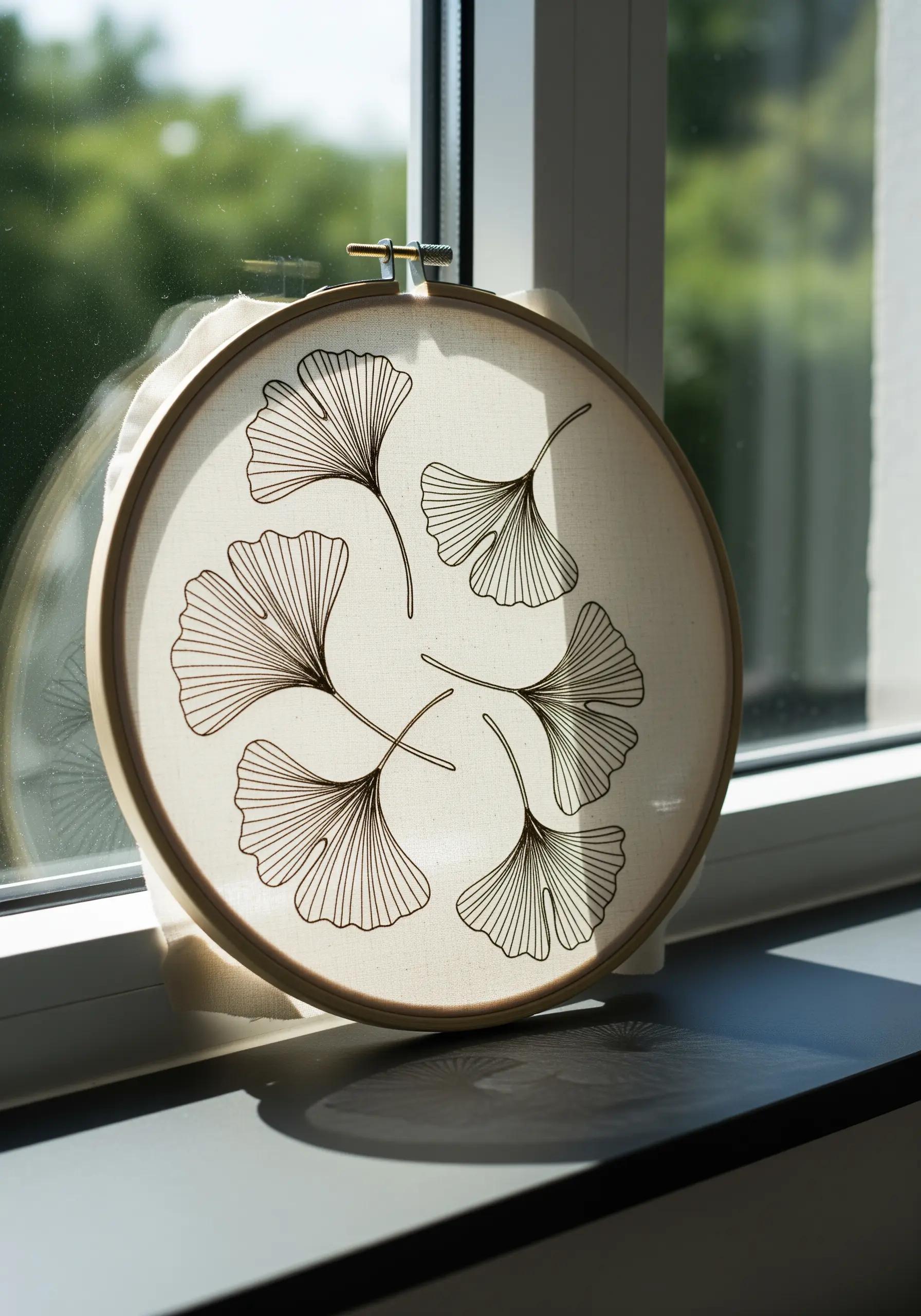 Minimalist line art embroidery of ginkgo leaves on a light fabric in a hoop.
