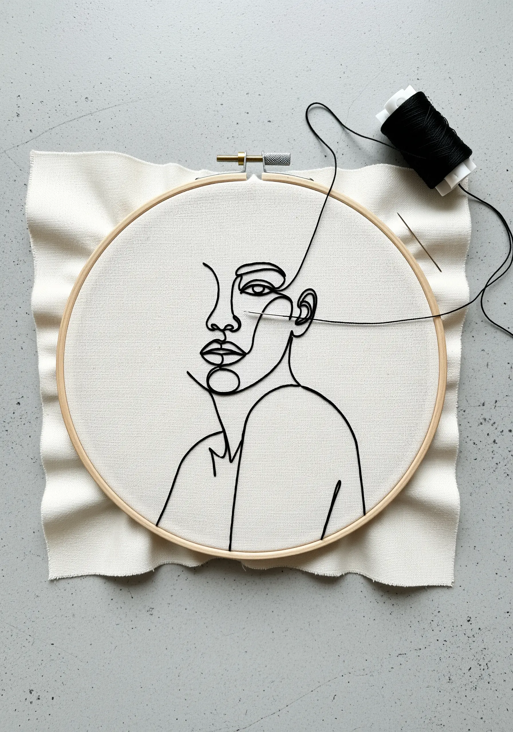 A minimalist, continuous line art portrait of a face stitched in black thread.