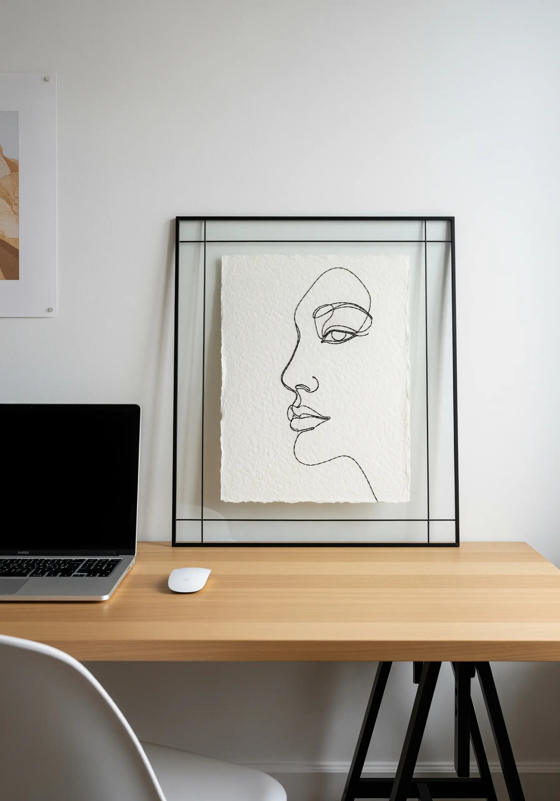 Minimalist single-line portrait embroidered on textured paper in a float frame.