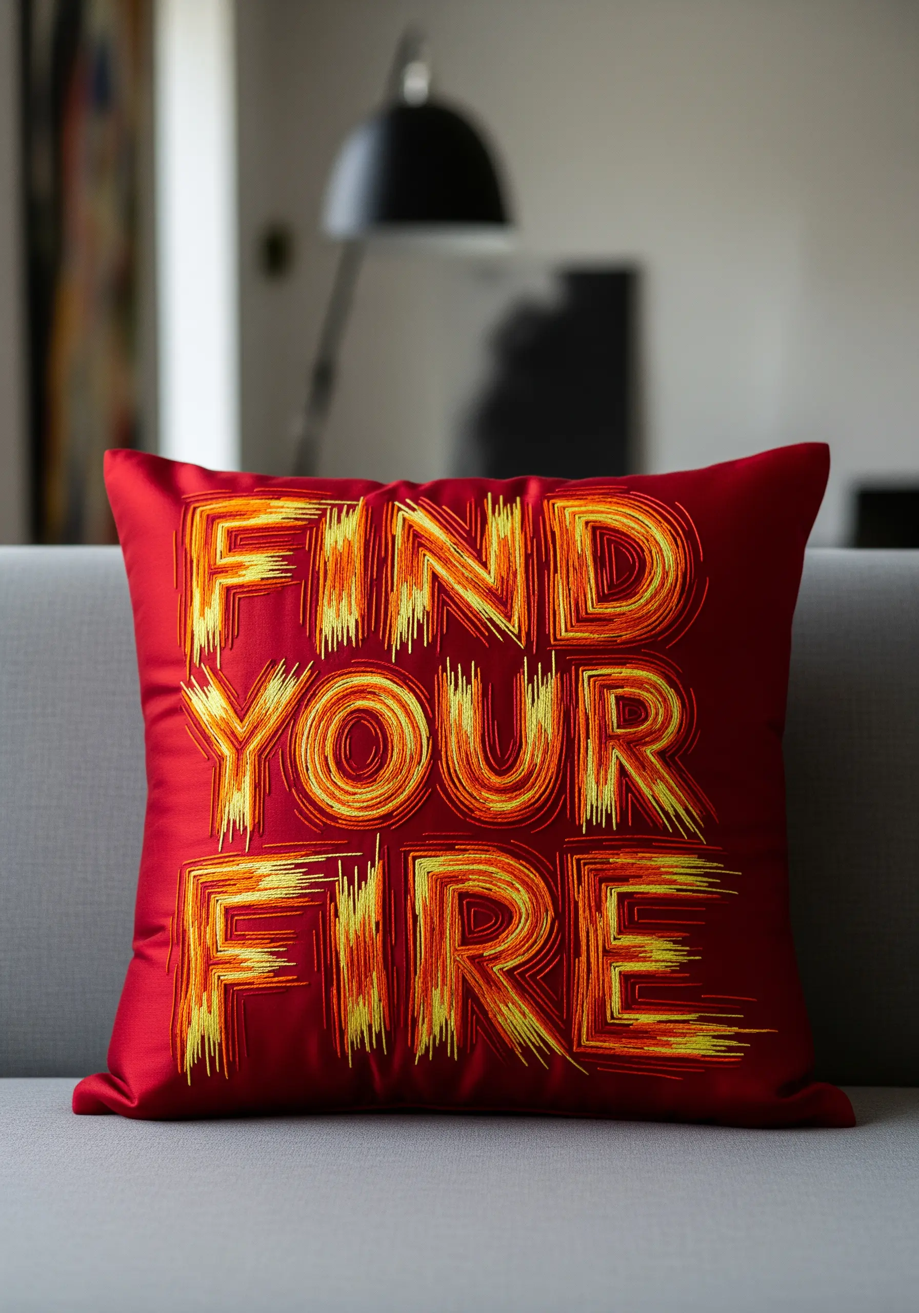 Energetic 'scribble stitch' embroidery in fiery colors on a red satin pillow.