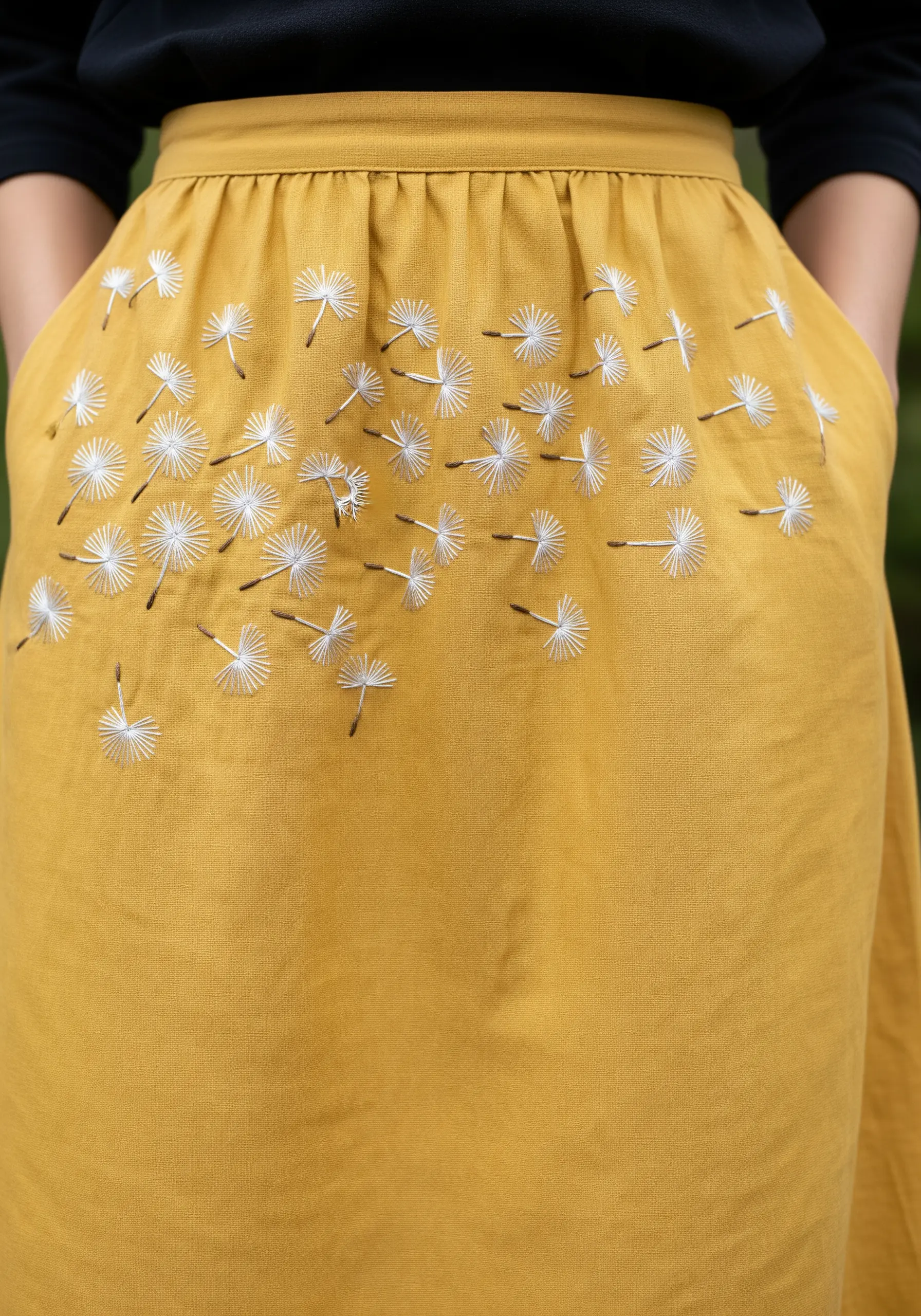 Delicate white dandelion seeds embroidered as if floating across a mustard yellow skirt.