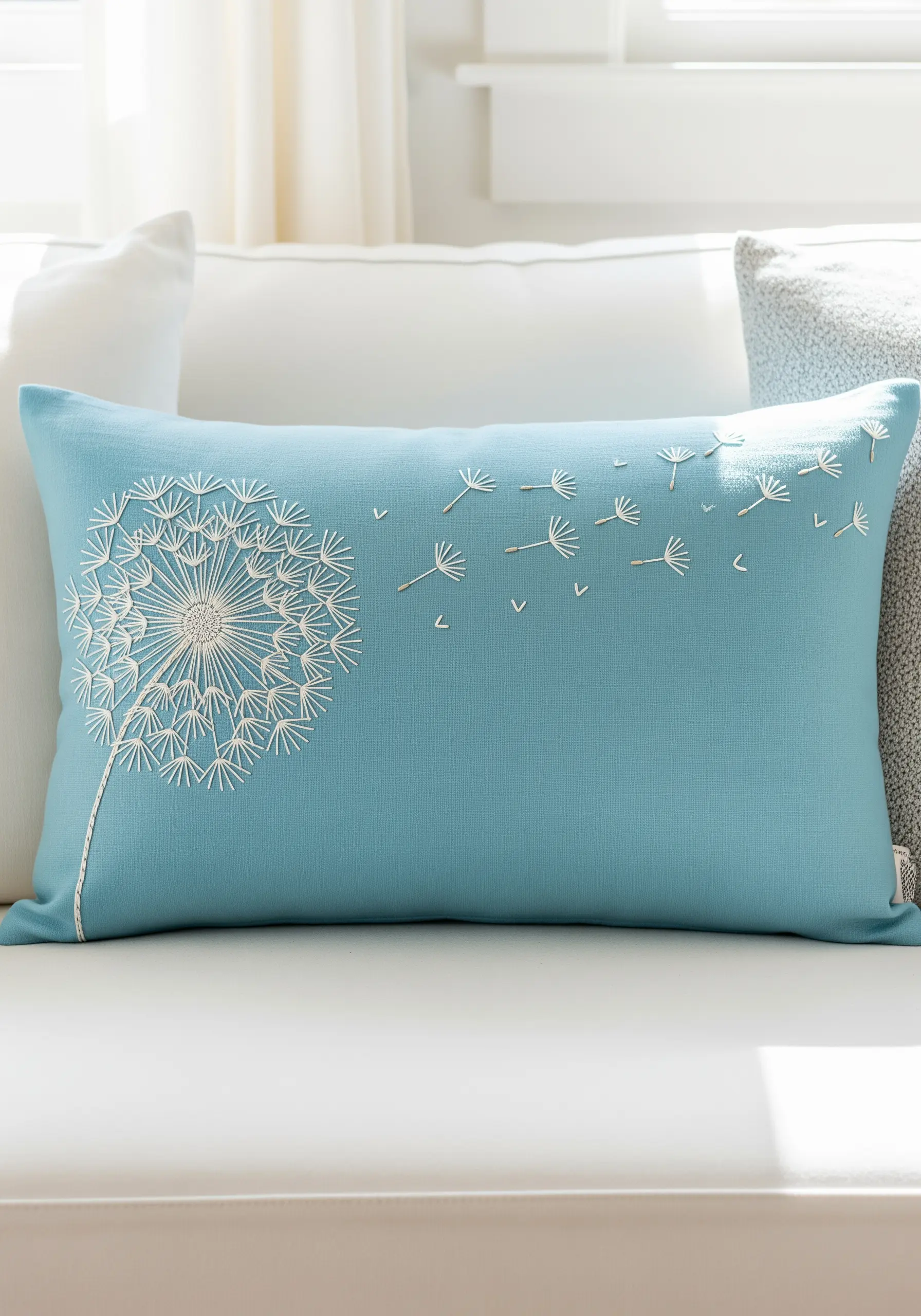 A minimalist white dandelion with seeds blowing in the wind on a blue pillow.