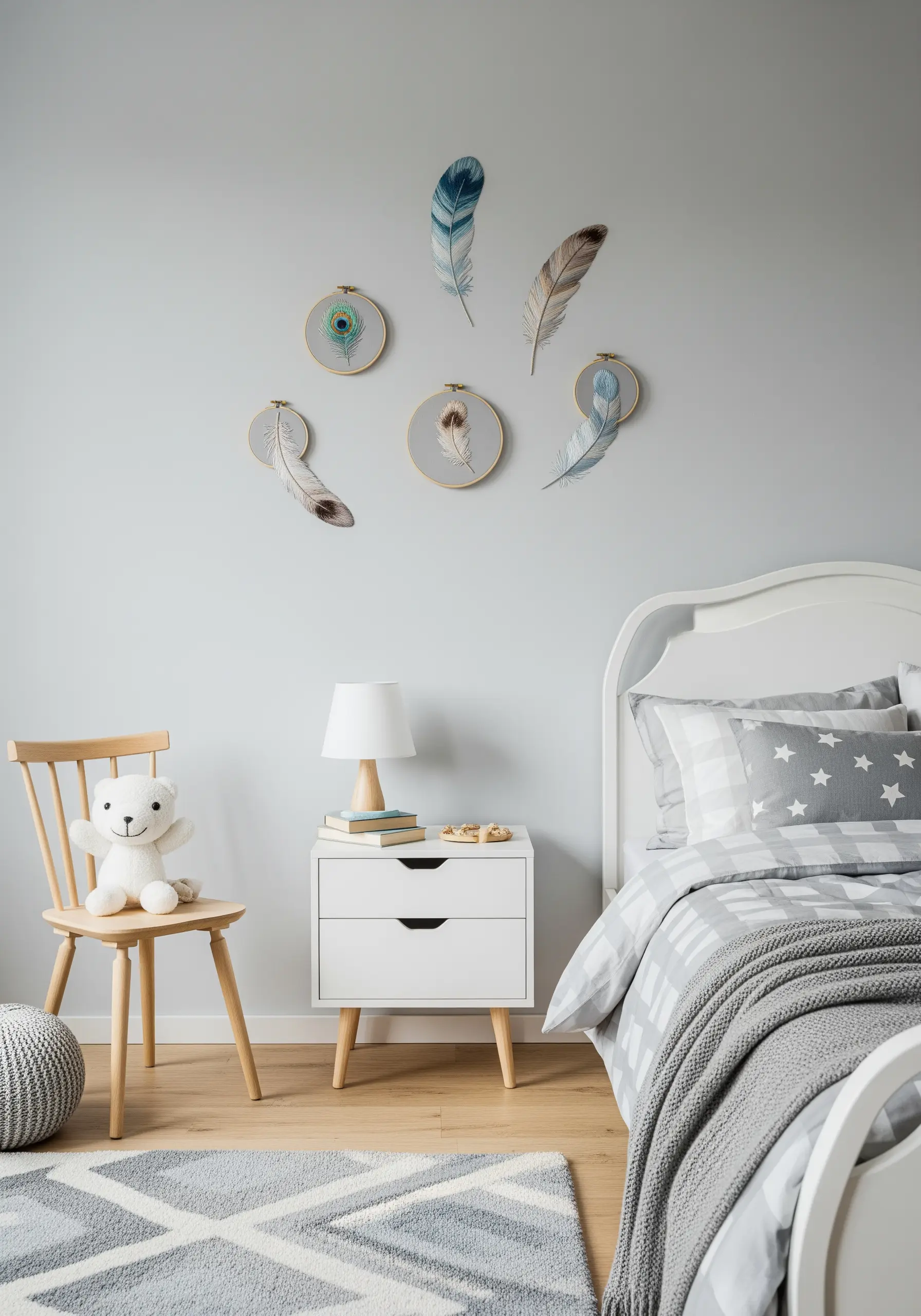 A wall arrangement of several small embroidery hoops, each featuring a single delicate feather.