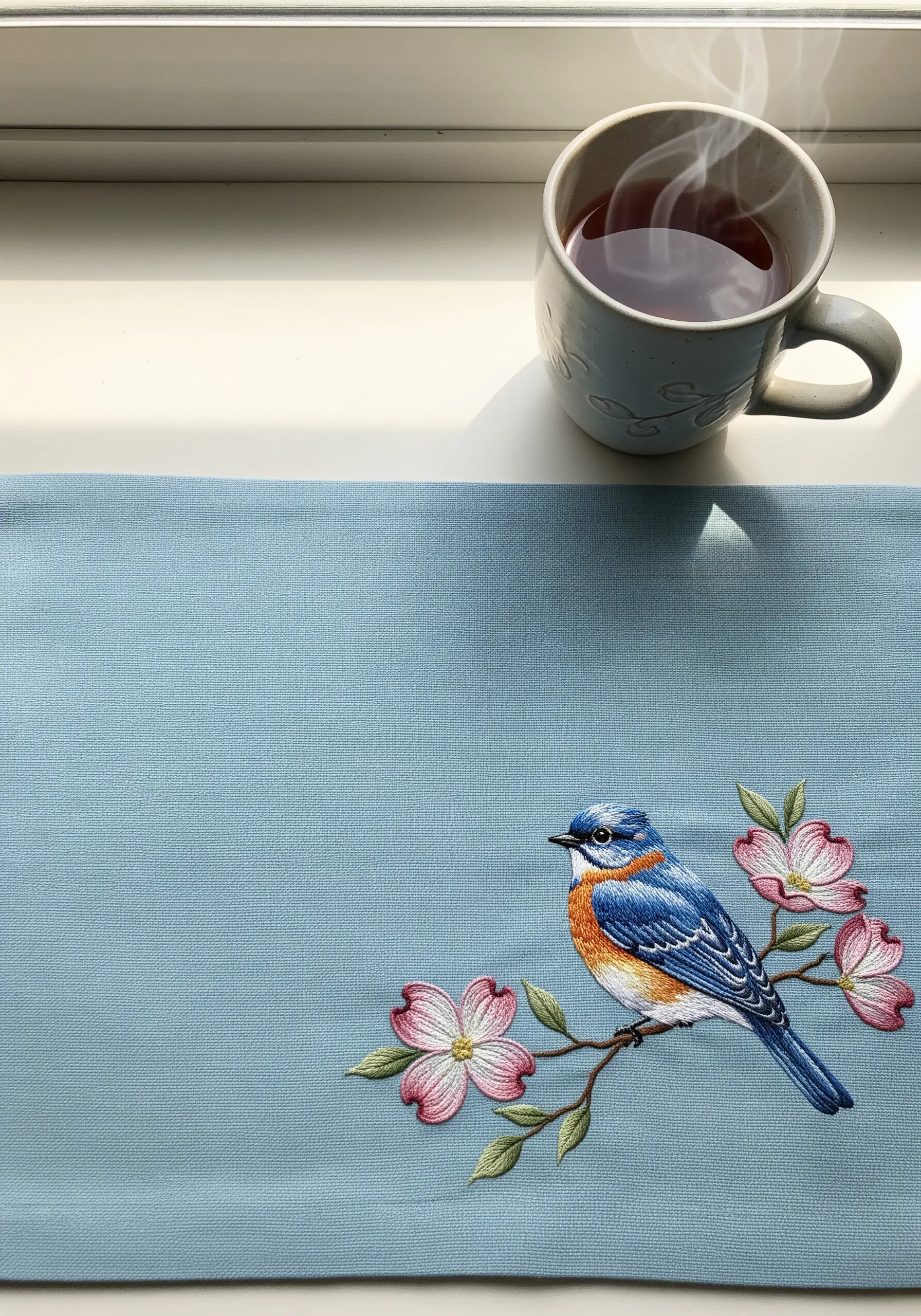 A detailed thread-painted bluebird perched on a branch with pink dogwood flowers.