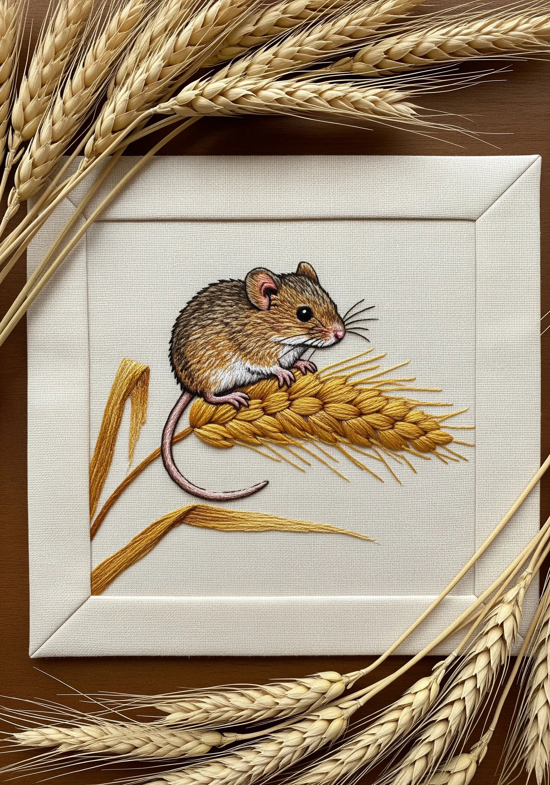 A tiny embroidered mouse on a wheat stalk, stitched with fine single-strand thread.