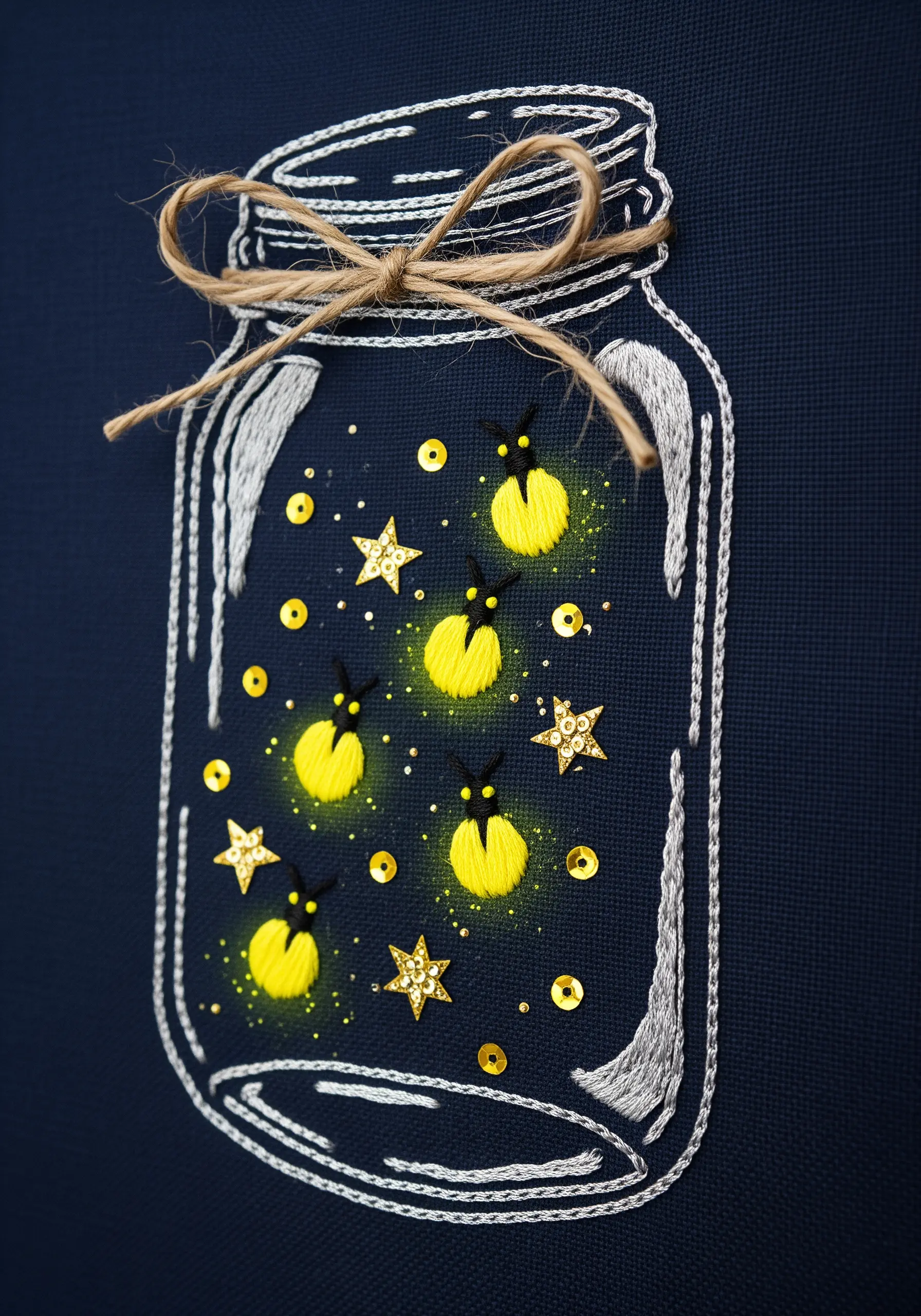 Embroidered jar on dark fabric with glowing yellow fireflies made with thread and gold sequins.