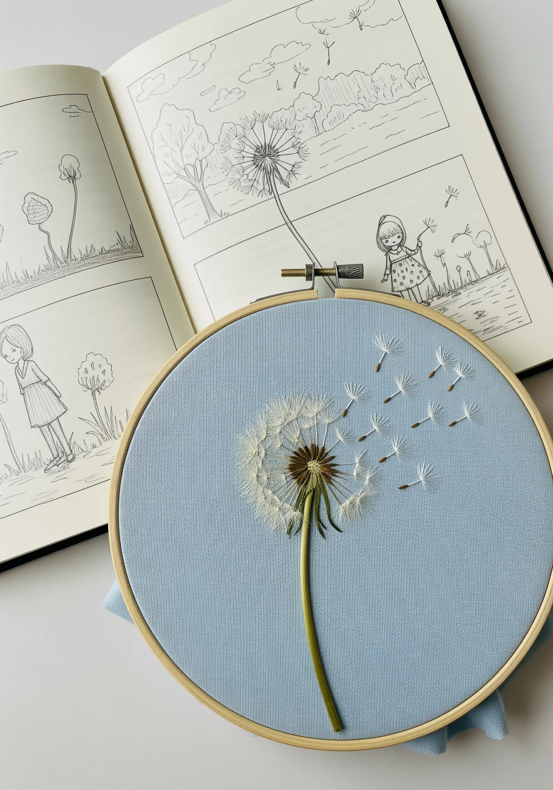 Pressed dandelion with embroidered seeds blowing away on blue fabric.