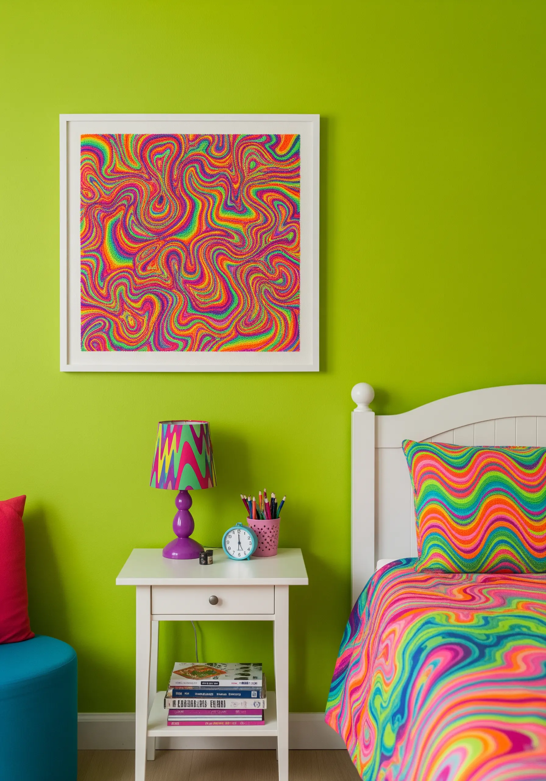 A framed embroidery with a vibrant, swirling psychedelic pattern in a bright green room.