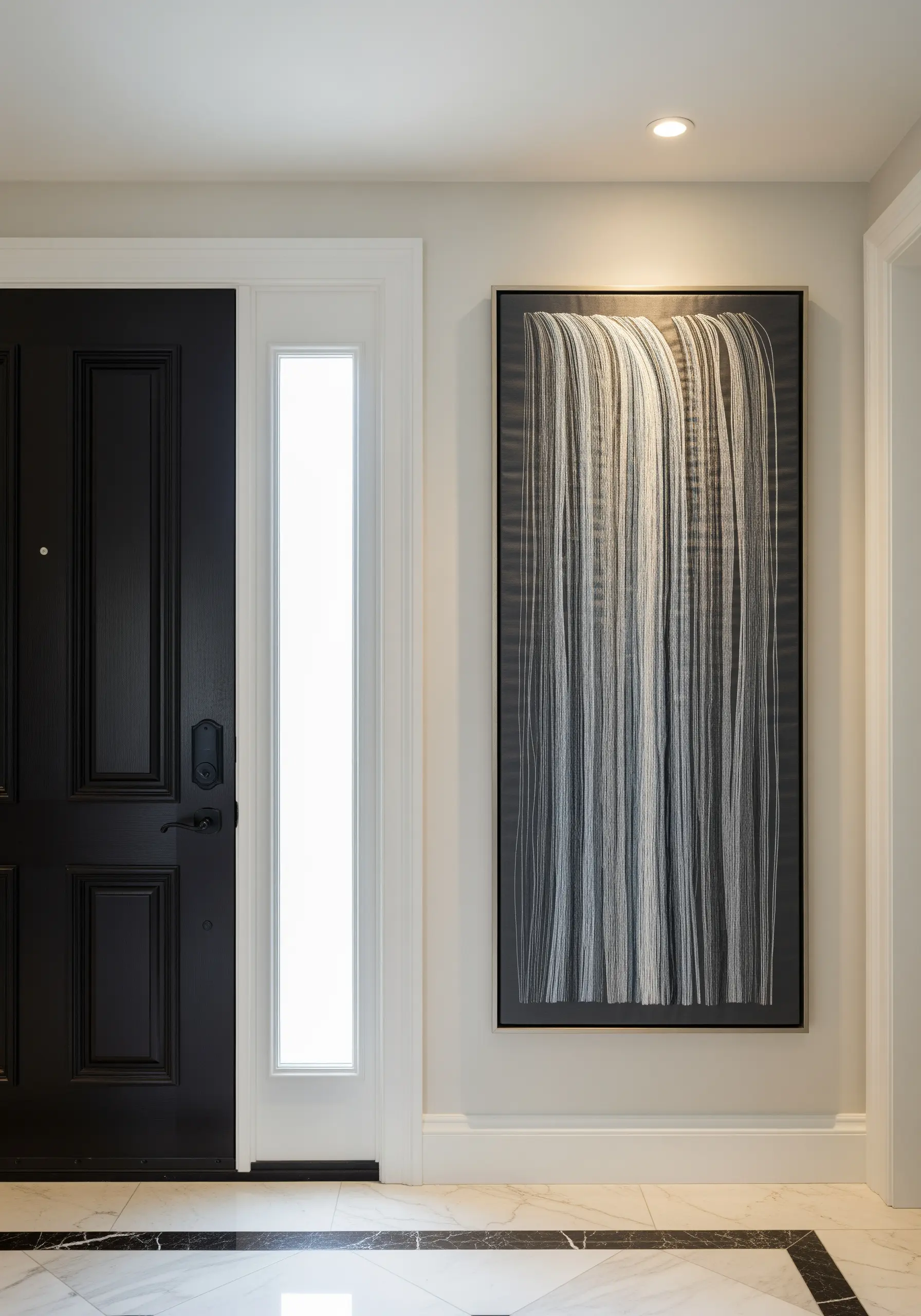 Abstract waterfall embroidery with long, vertical stitches in white and grey.