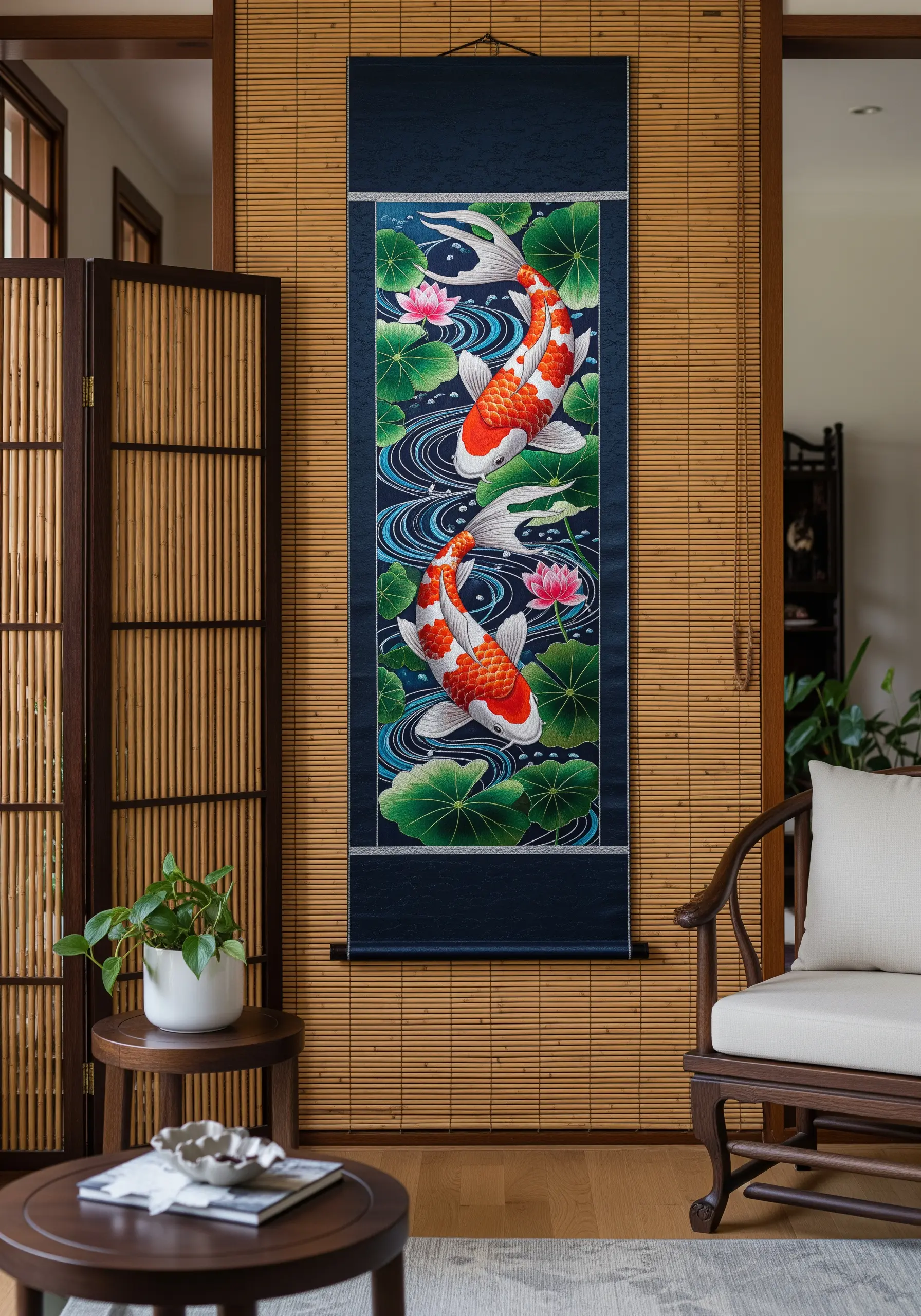 An embroidered Japanese wall scroll depicting two koi fish swimming among lily pads.