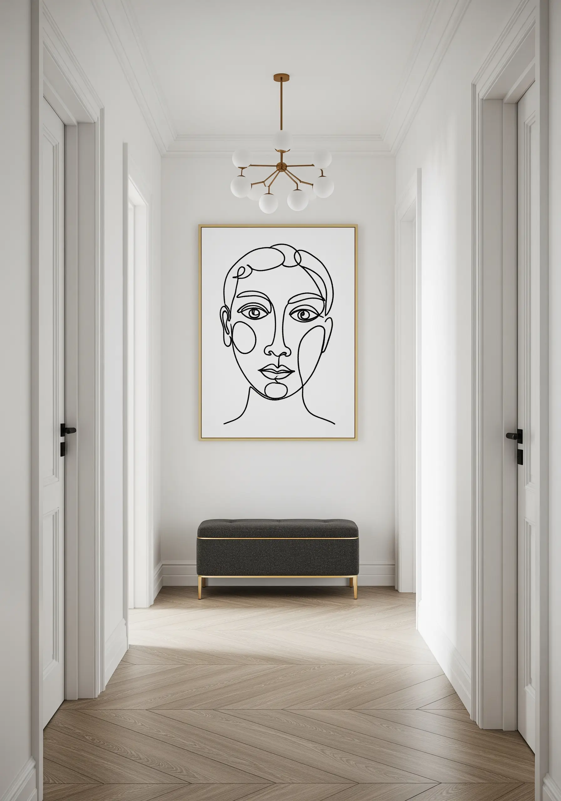 A large framed piece with a continuous line art embroidery of a woman's face.