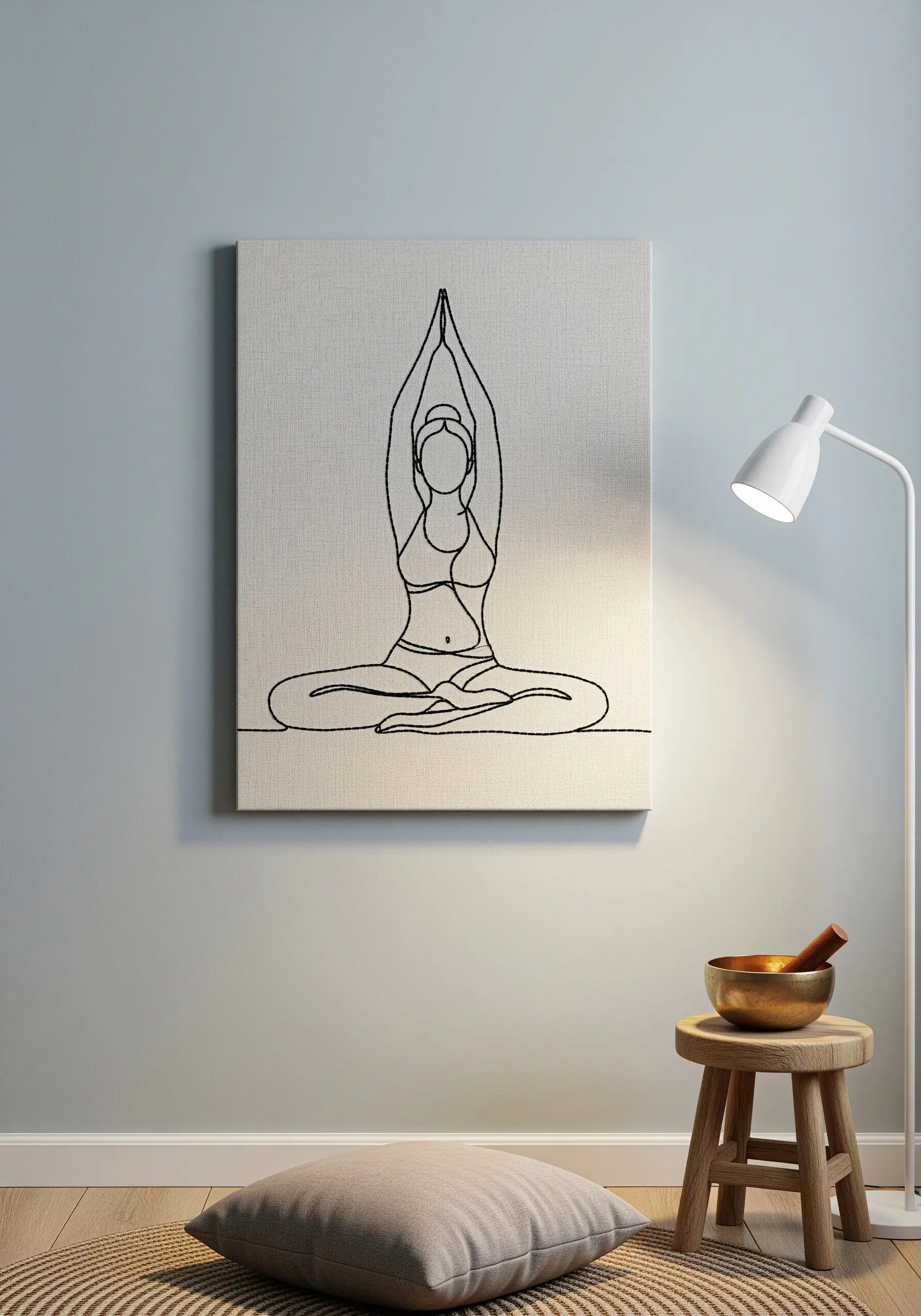 Minimalist line art of a person in a yoga pose, stitched in black thread on canvas.