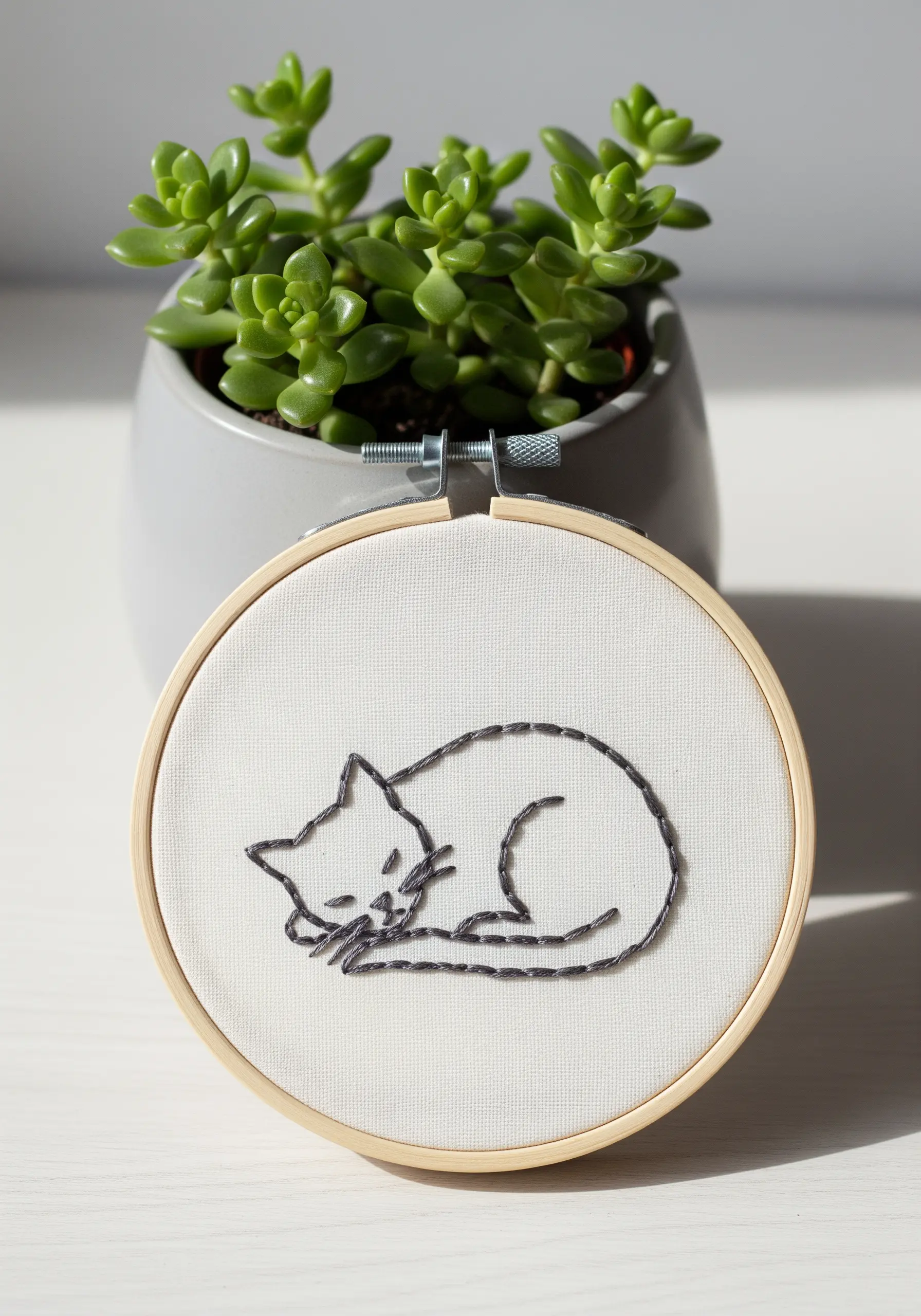 A minimalist outline of a sleeping cat stitched in black thread on white fabric.