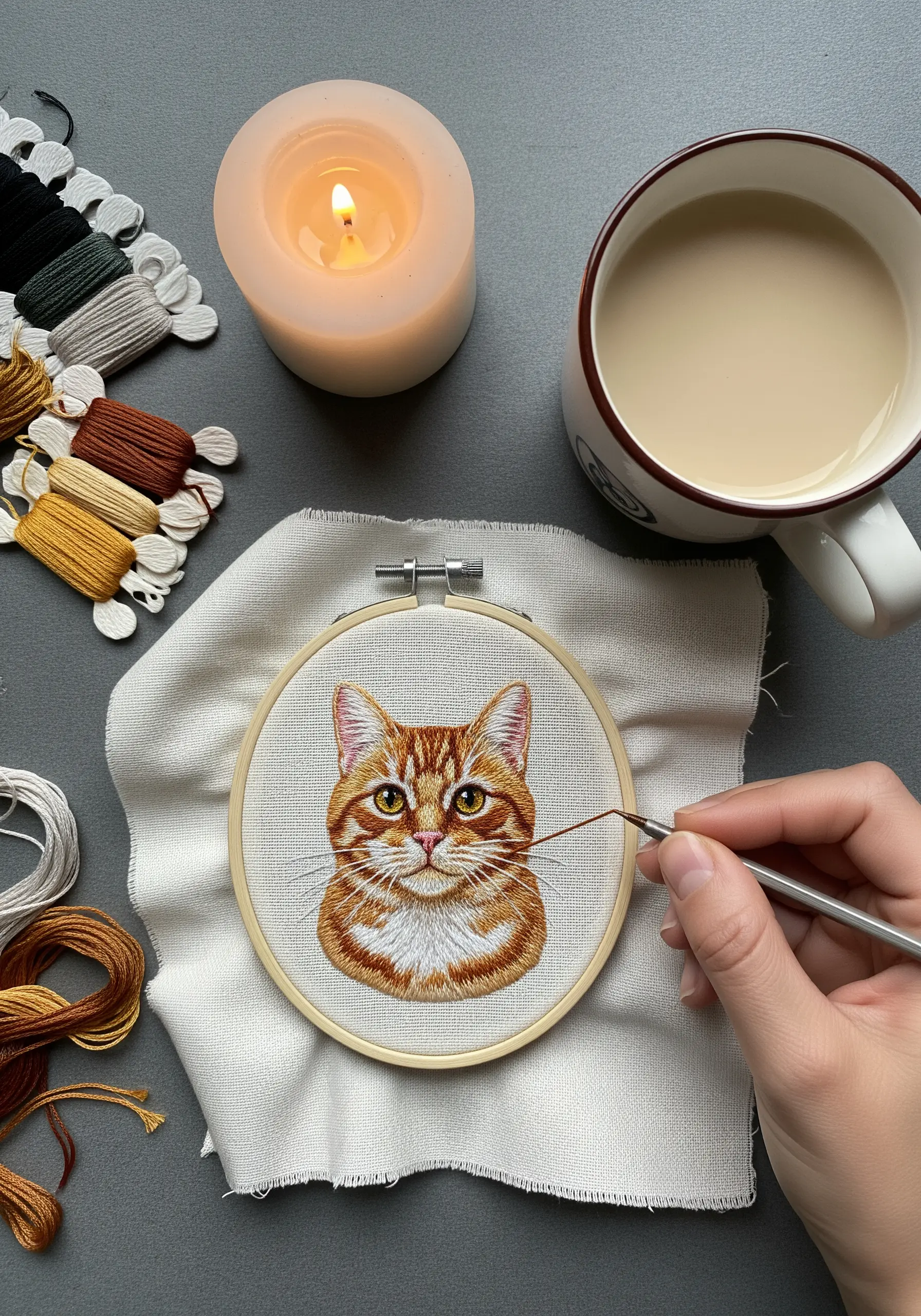 A highly detailed, thread-painted portrait of a ginger tabby cat in an embroidery hoop.