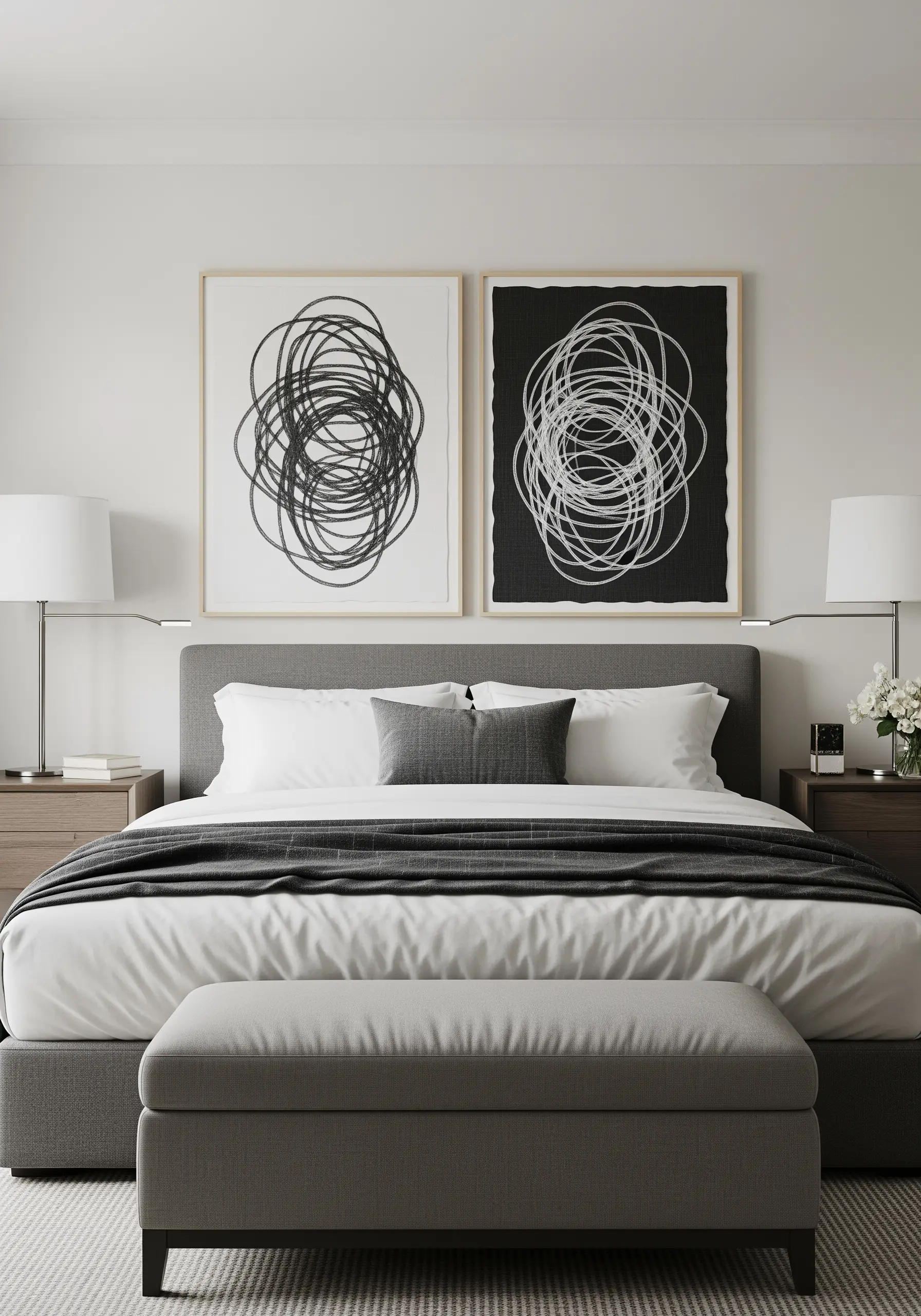 Two framed pieces of abstract scribble art, one white on black, one black on white.