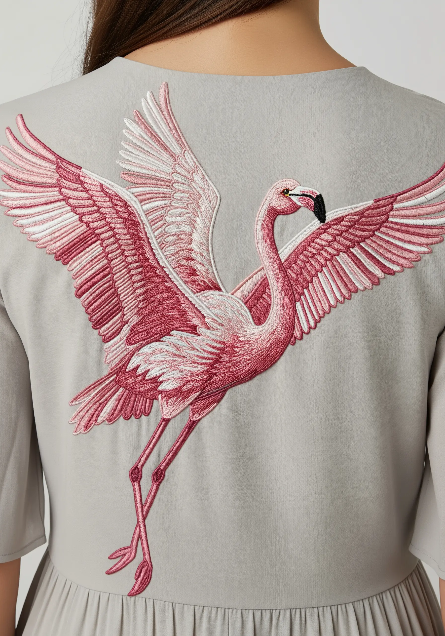 A large embroidered flamingo with wings spread wide on the back of a grey dress.