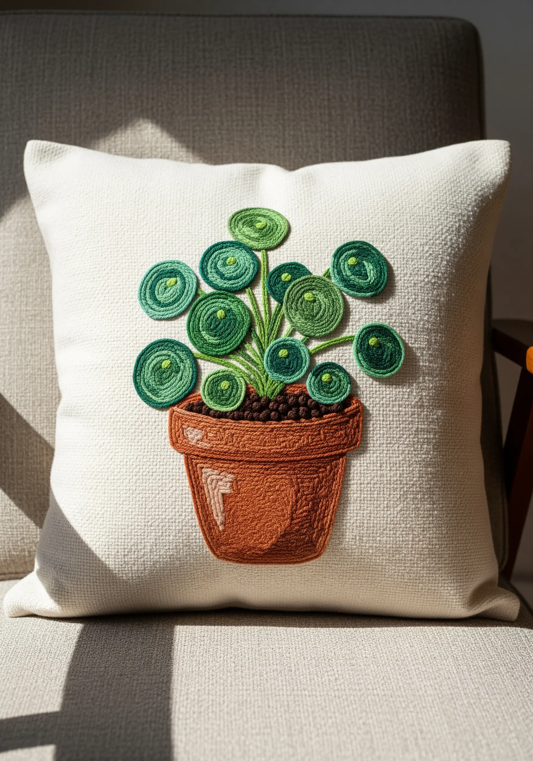 Stylized Pilea plant with coiled stitch leaves on a textured off-white pillow.