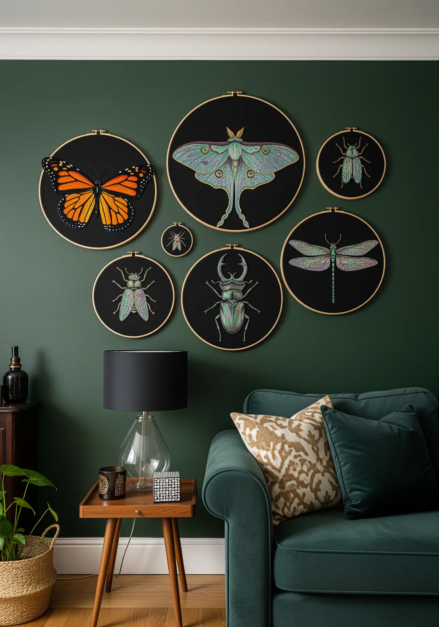 A collection of embroidered insects—moths, beetles, and a butterfly—on black fabric against a dark green wall.