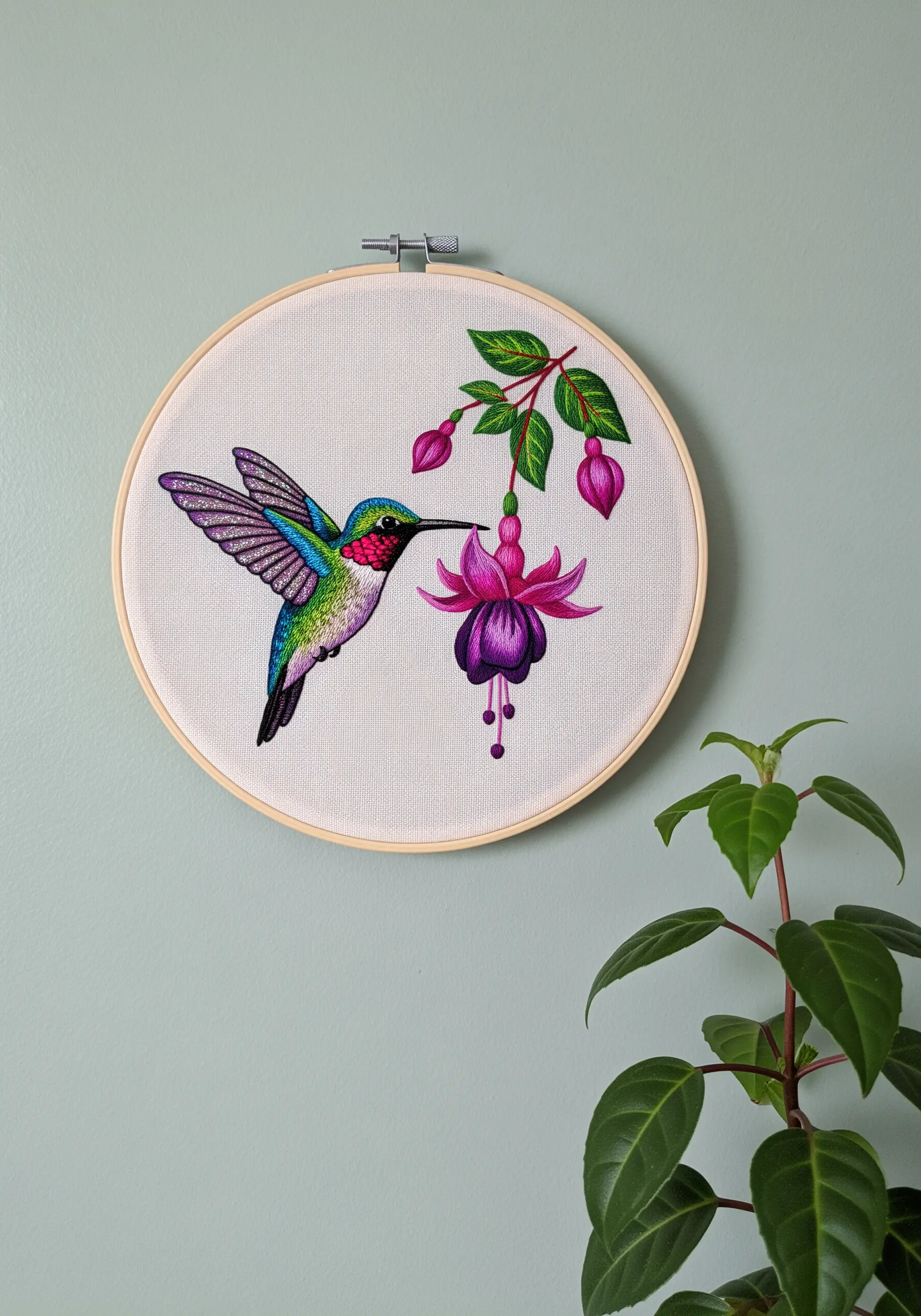 A detailed embroidery of a hummingbird with iridescent throat feeding from a fuchsia flower