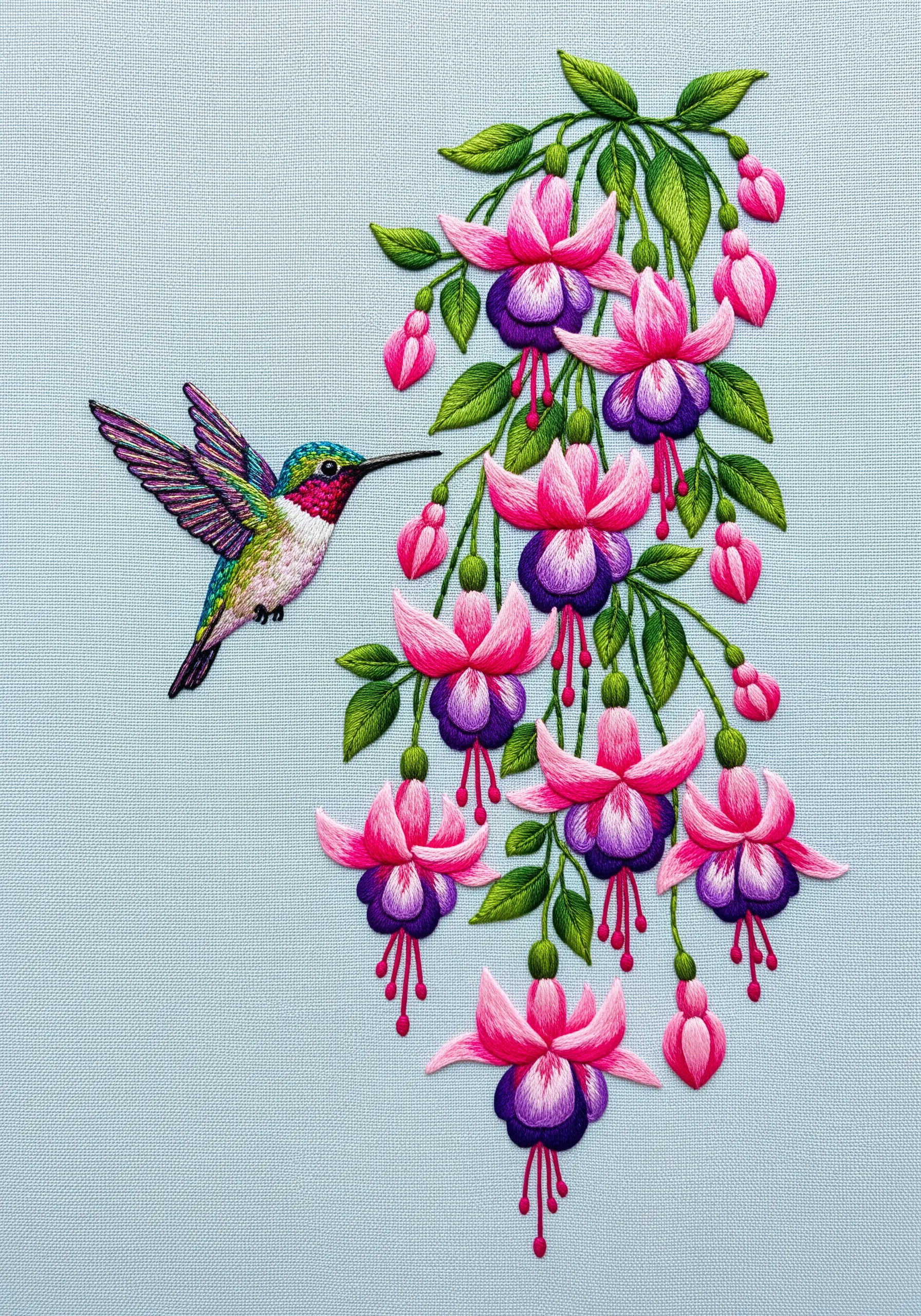 A detailed thread-painted hummingbird approaching a cascade of embroidered fuchsia flowers.