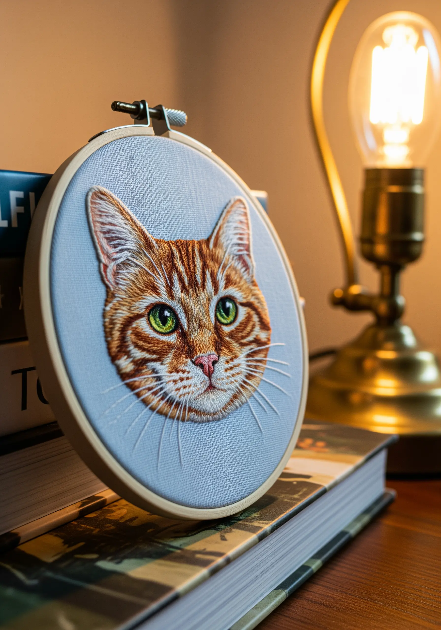 A realistic thread-painted portrait of a ginger cat in an embroidery hoop.