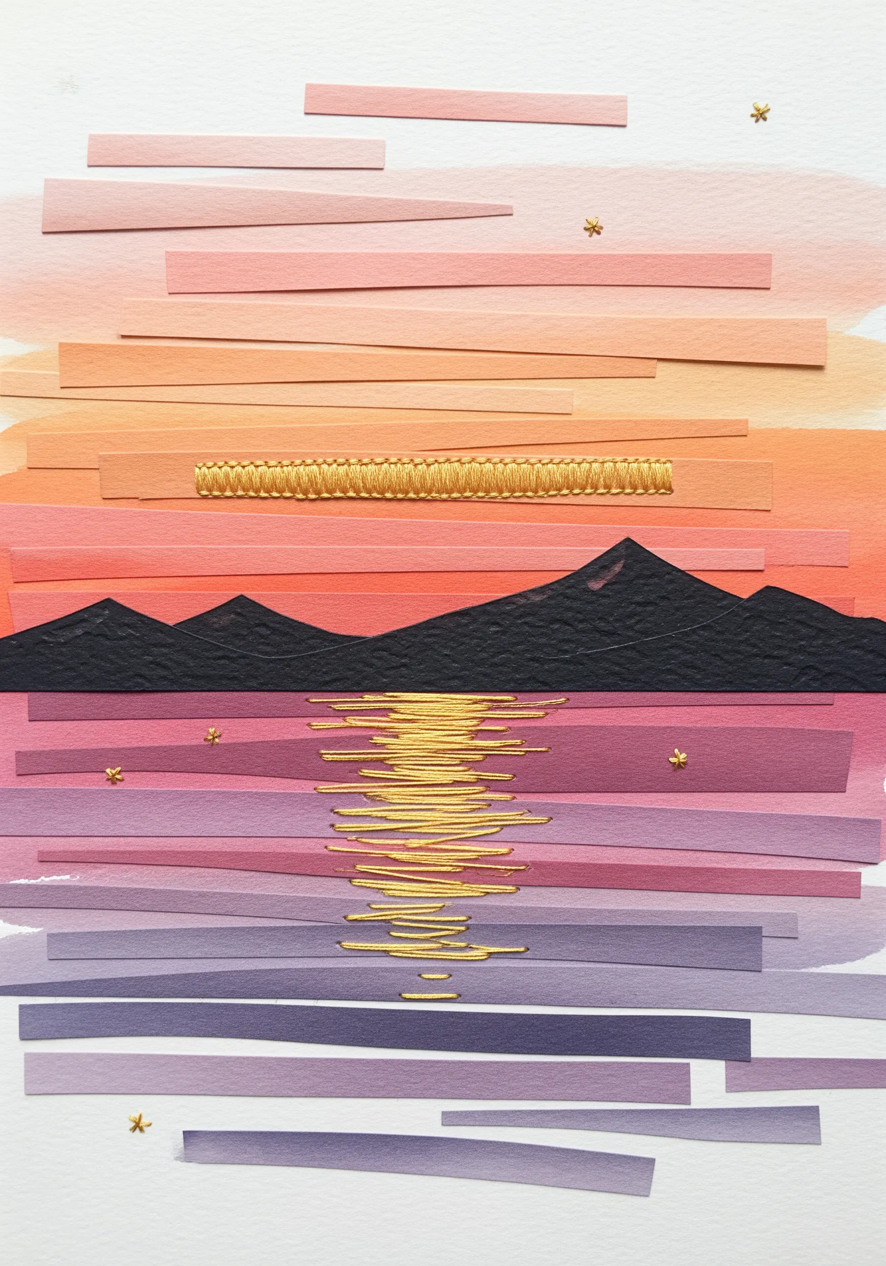 A paper collage of a sunset where gold metallic thread is used for light on water.