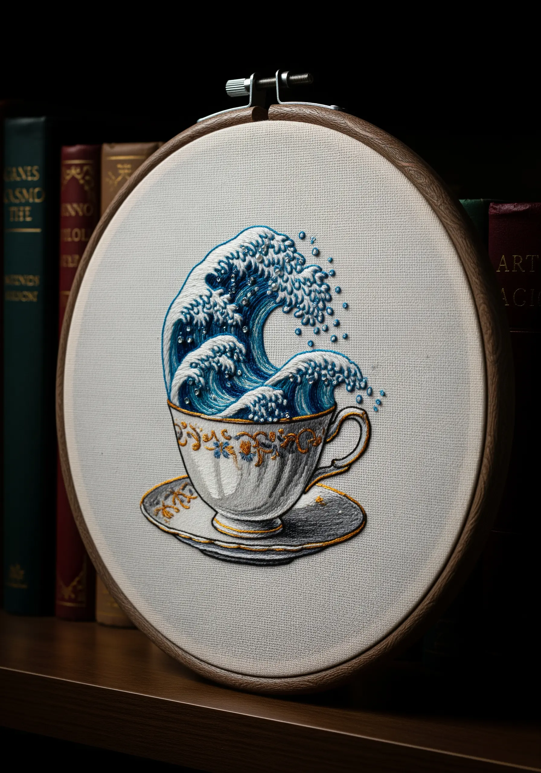Embroidery of a large, Japanese-style wave crashing inside a delicate teacup.