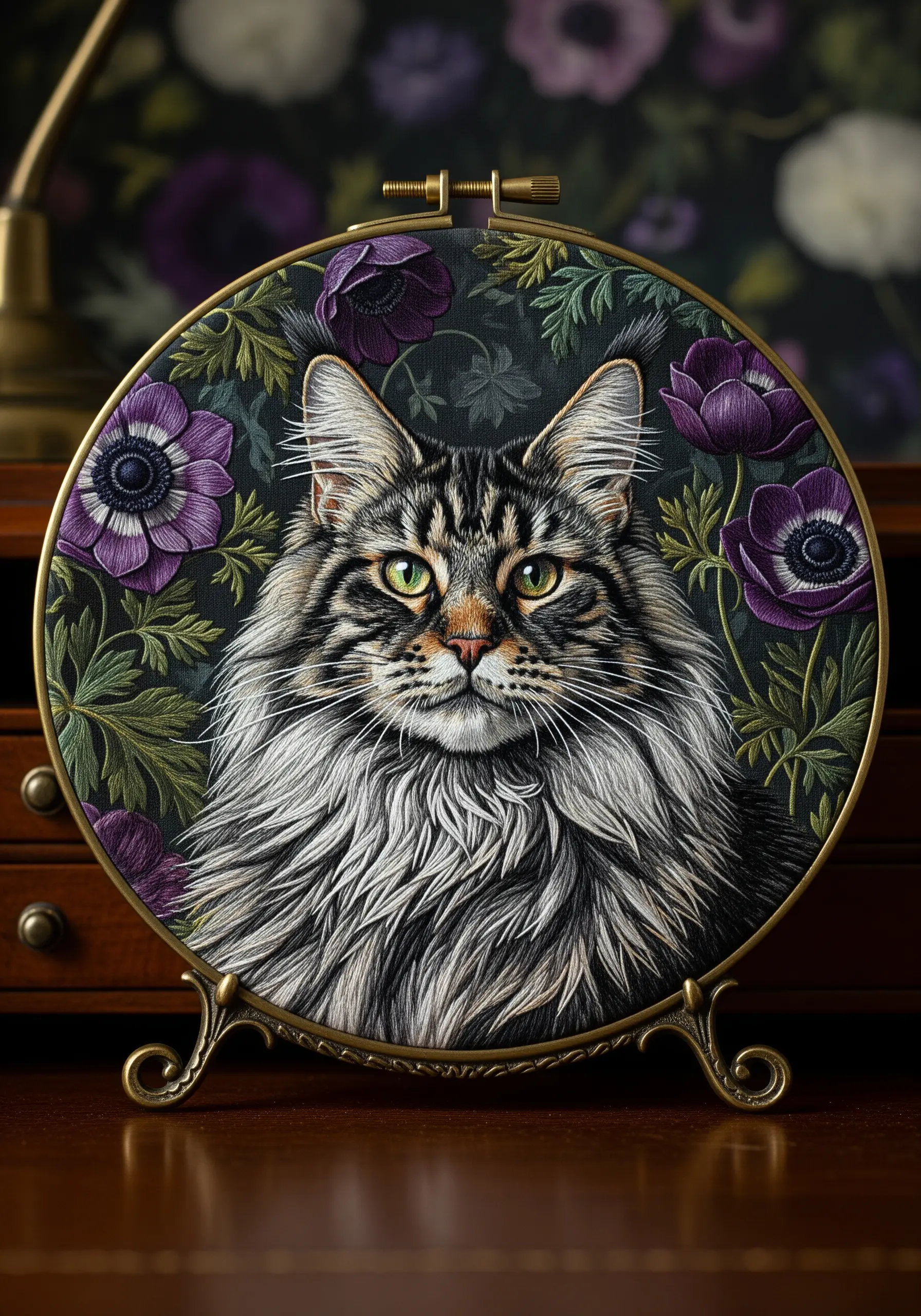 Hyper-realistic thread-painted portrait of a Maine Coon cat with long, flowing fur.