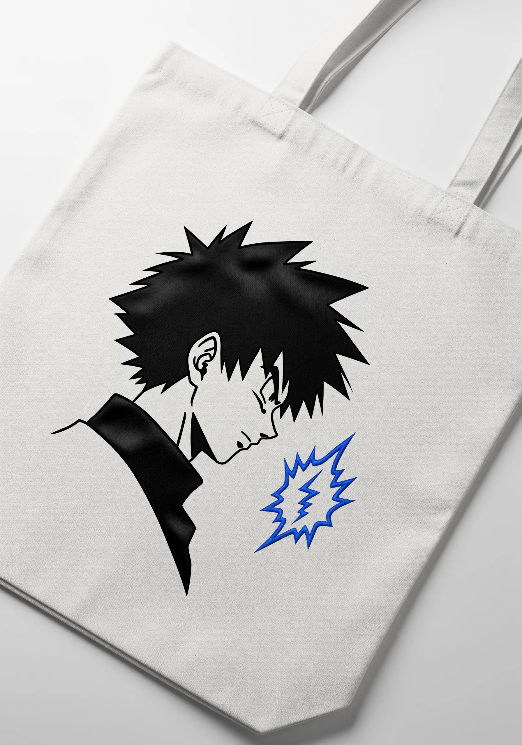 A high-contrast anime character profile with bold black outlines and a blue graphic accent.