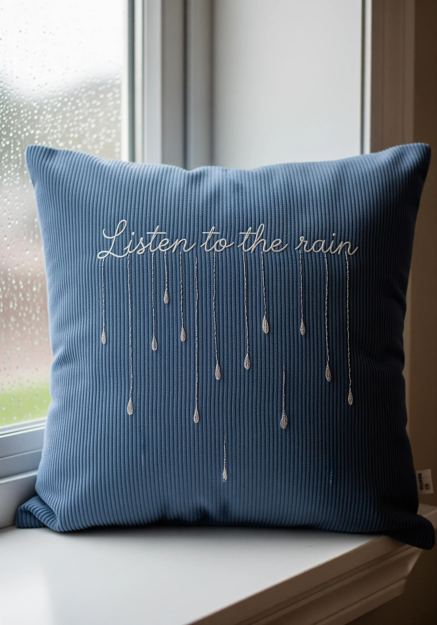 Quote about rain with long, dangling stitches ending in teardrops on a blue corduroy pillow.