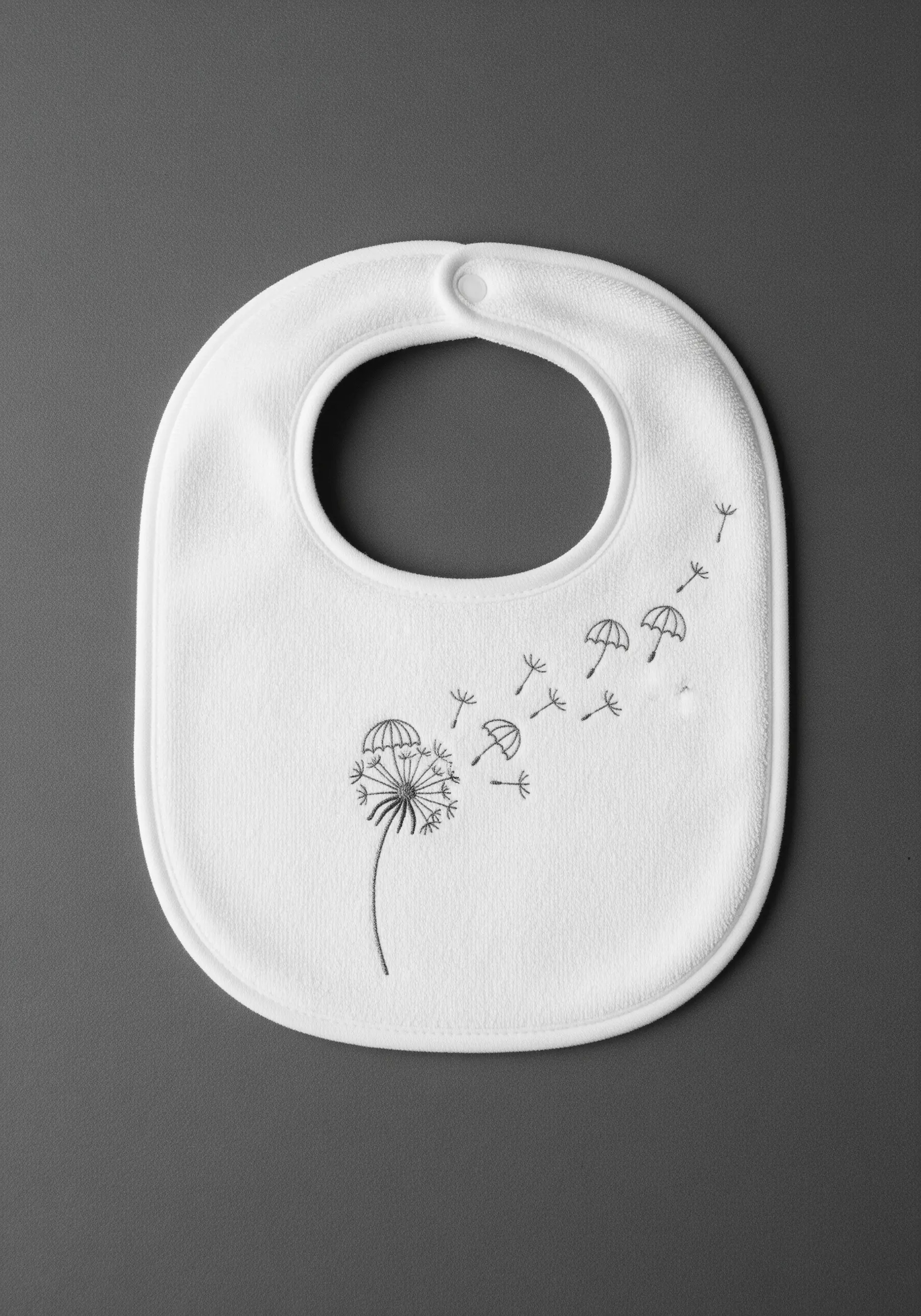 Delicate black thread embroidery of a dandelion with seeds blowing in the wind.