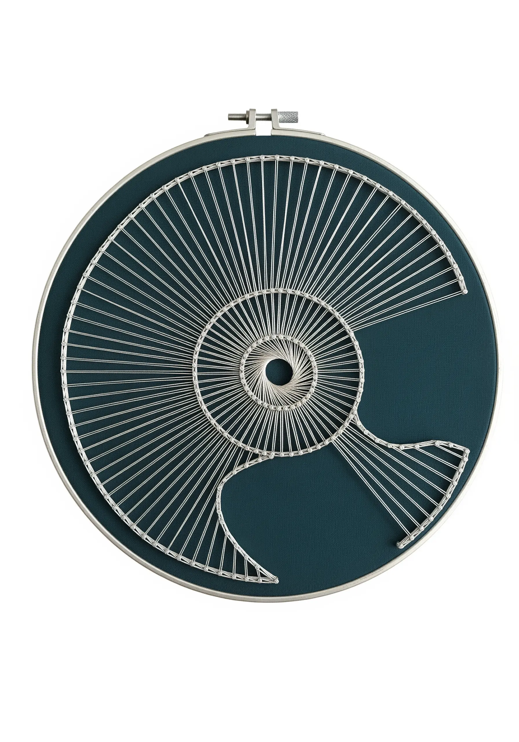 A string art embroidery of a nautilus shell in white thread on a dark teal background.
