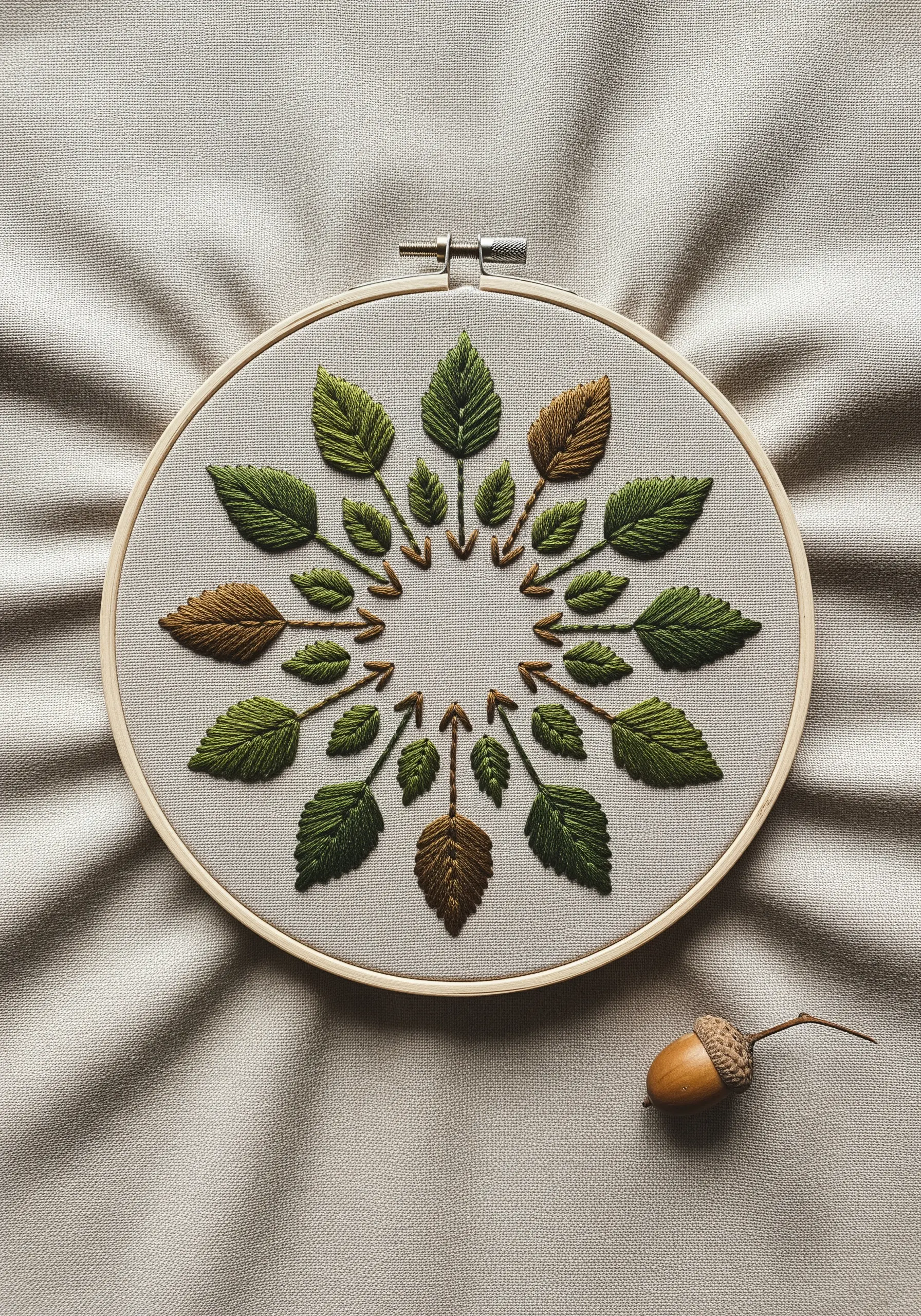 A circular arrangement of embroidered leaves in various shades of green and brown.