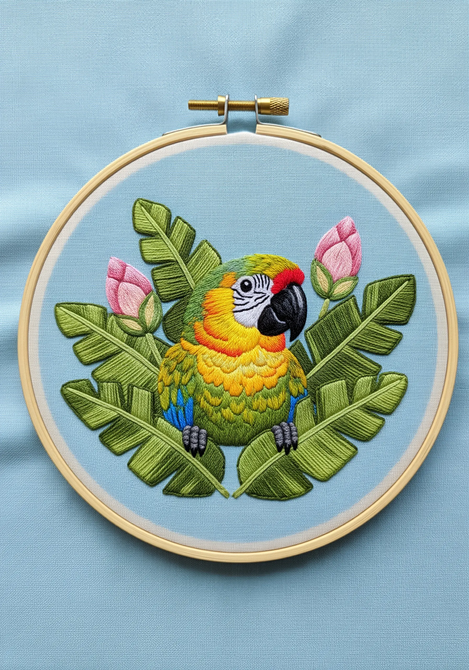 A cute, colorful parrot portrait surrounded by bold green tropical leaves on blue fabric.