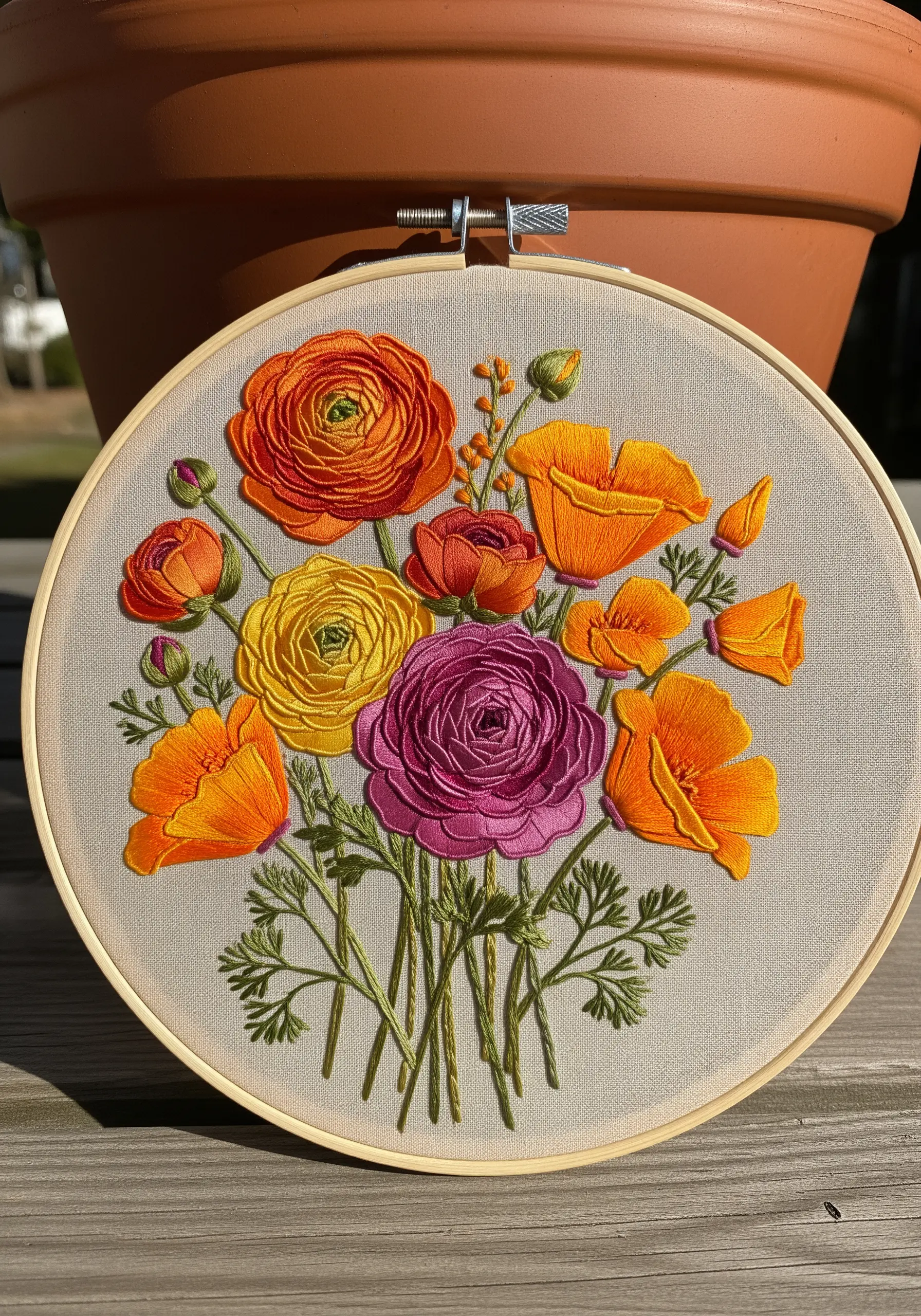 A colorful bouquet with orange poppies and vibrant woven wheel ranunculus flowers.