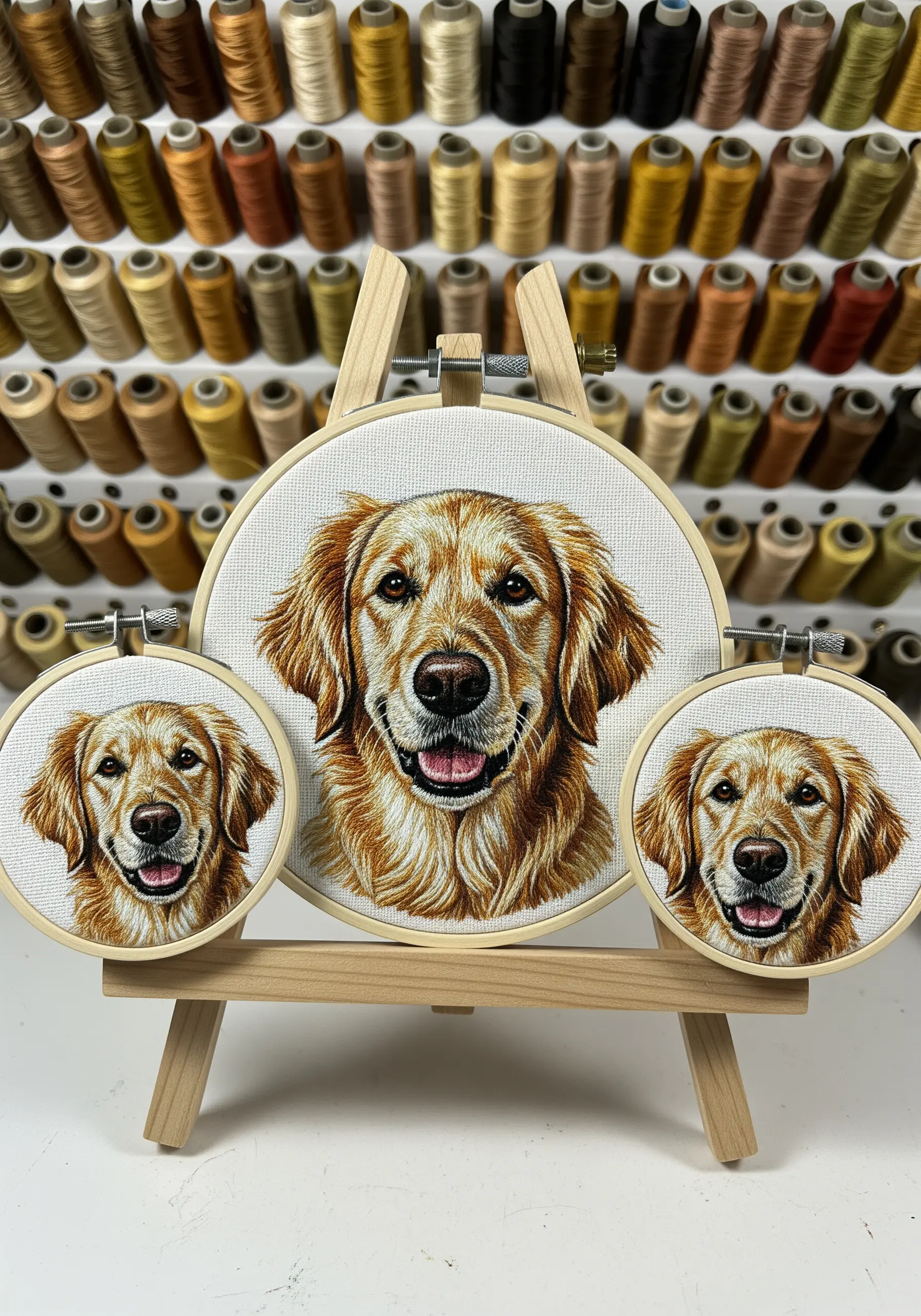 Three embroidery hoops showing a highly realistic thread-painted portrait of a golden retriever.