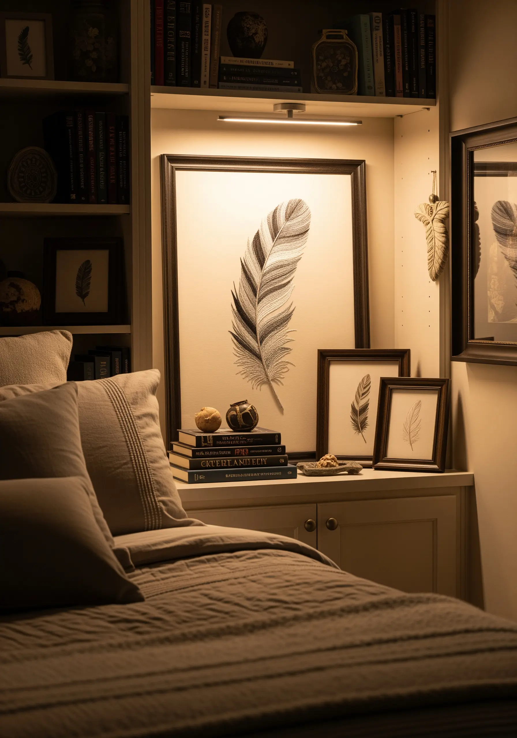 A hyper-realistic black and grey embroidered feather, framed as art in a reading nook.