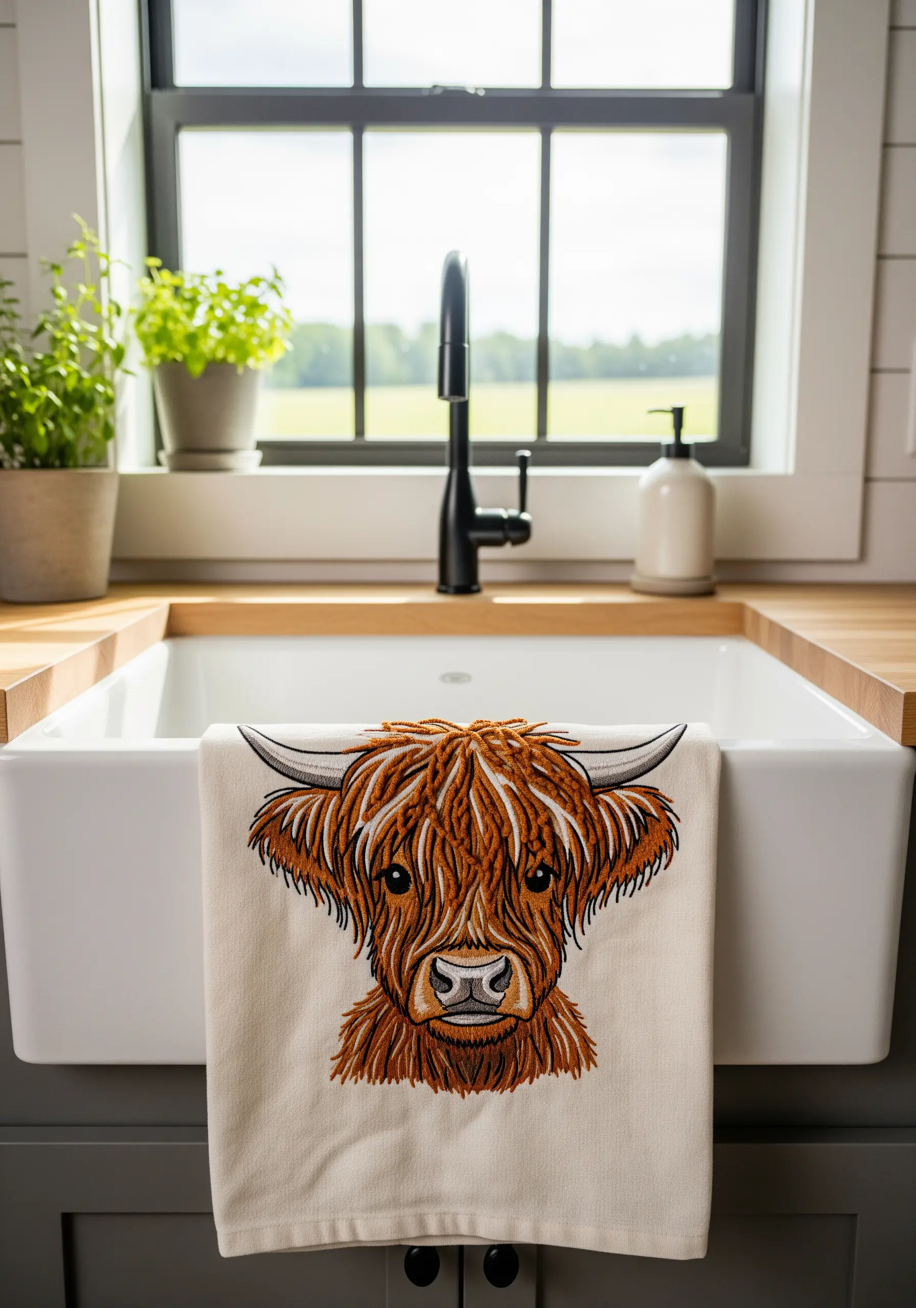 A detailed embroidered portrait of a shaggy Highland cow on a cream-colored towel.